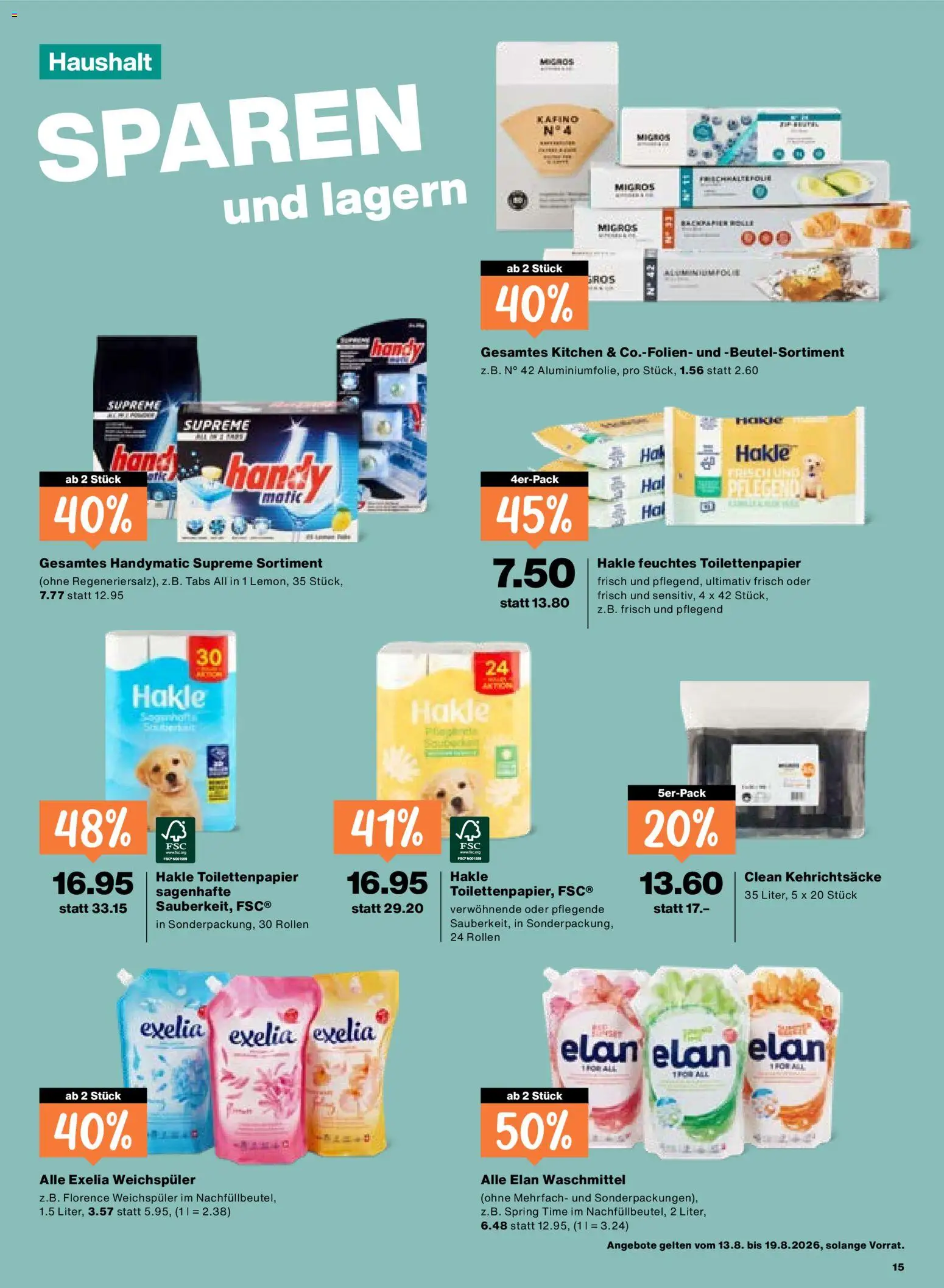 Migros aktionen – gültig ab 13.08.2026 | Seite: 15 | Produkte: Weichspüler, Waschmittel, Feuchtes Toilettenpapier, Toilettenpapier
