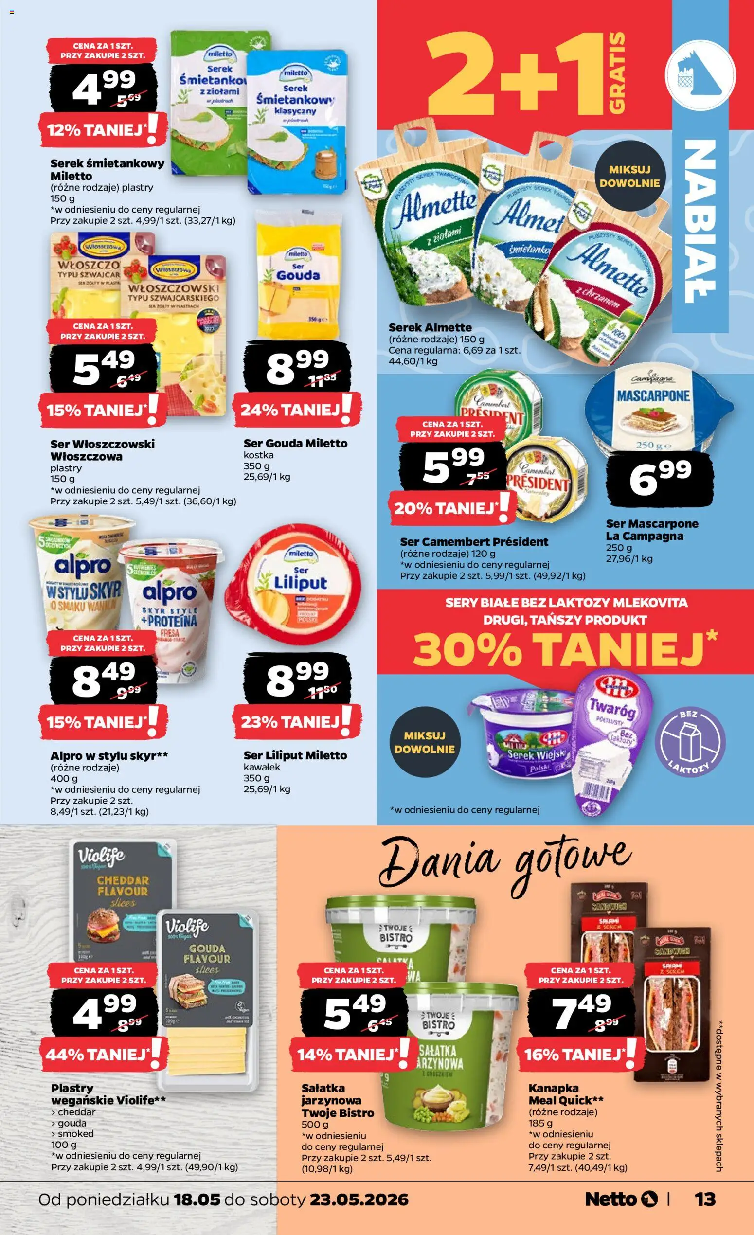 Netto gazetka od poniedziałku spożywcza od 18.05.2026 | Strona: 13 | Produkty: Bez laktozy, Alpro, Sery, Sałatka