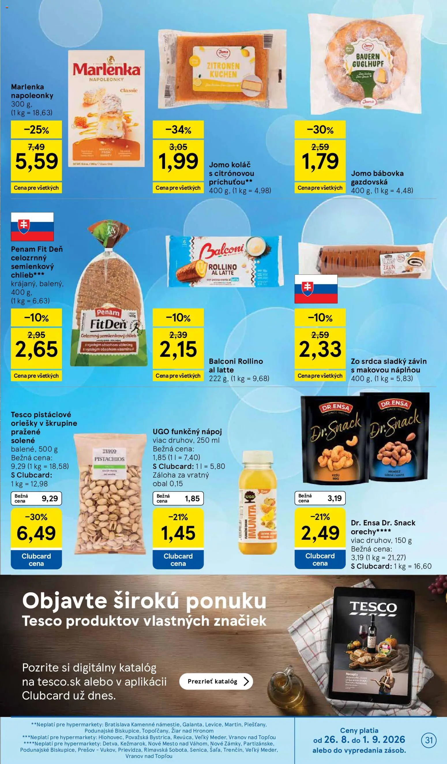 Nové Tesco akcie – leták je platný od 26.08.2026 | Strana: 31 | Produkty: Závin, Oriešky, Marlenka, Orechy