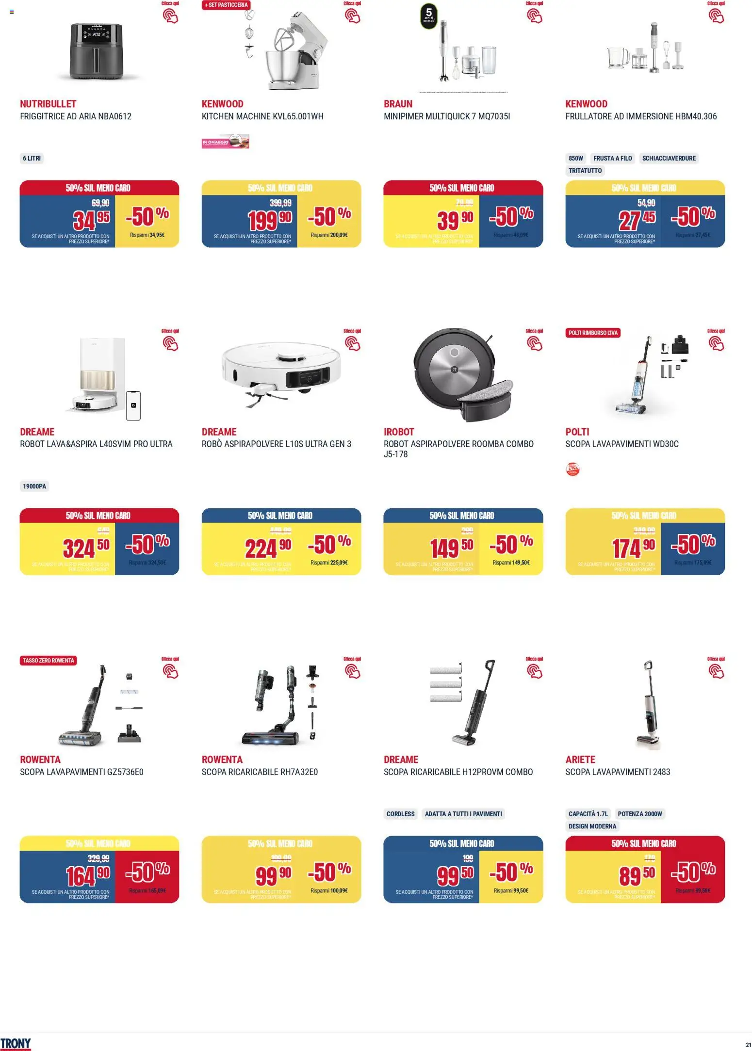 Volantino Trony del 28.04.2026 | Pagina: 21 | Prodotti: Frullatore, Robot aspirapolvere, Aspirapolvere, Robot
