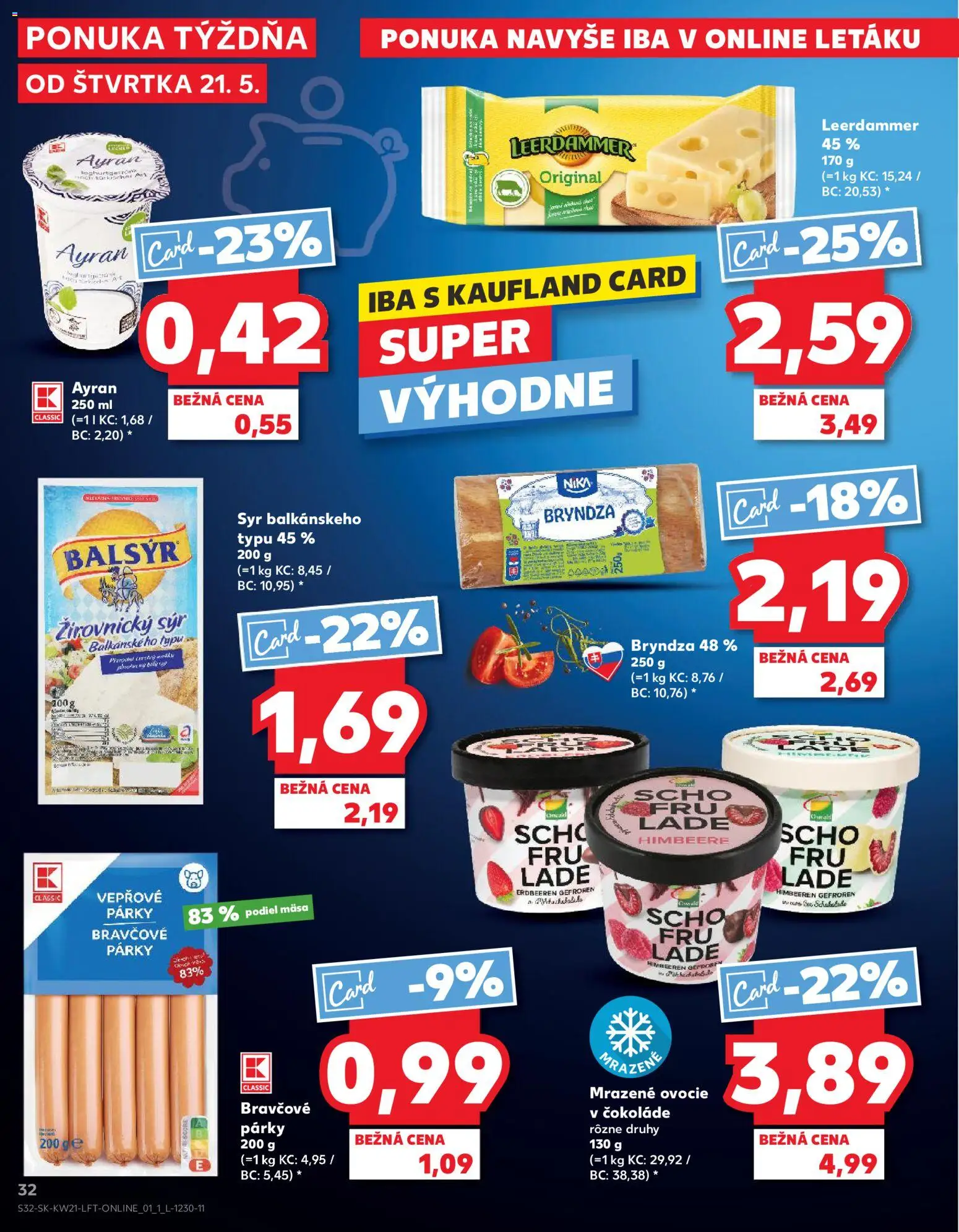 Nové Kaufland akcie – leták je platný od 21.05.2026 | Strana: 32 | Produkty: Syr, Bryndza, Párky, Ovocie