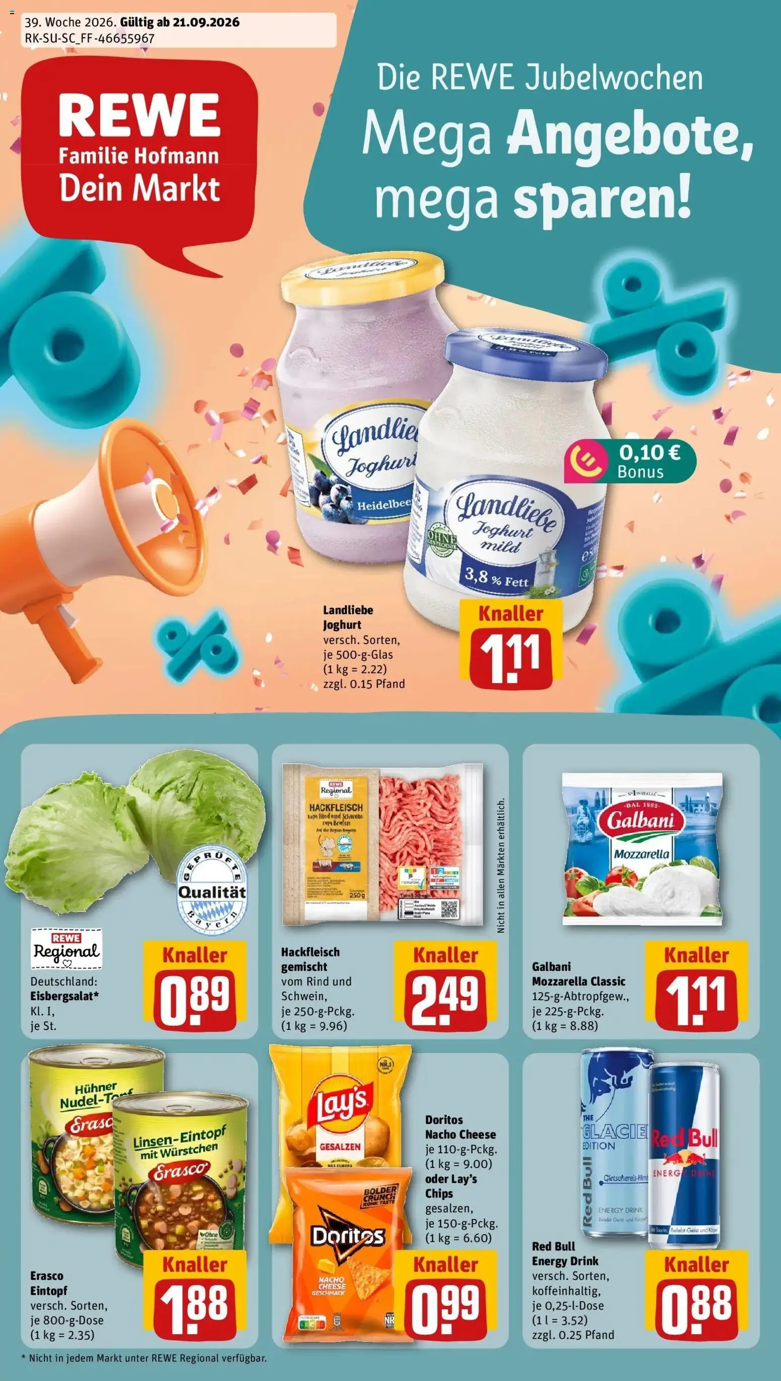 REWE Prospekt ab 21.09.2026 zum Blättern » Angebote | Seite: 1 | Produkte: Red bull, Mozzarella, Landliebe joghurt, Hackfleisch