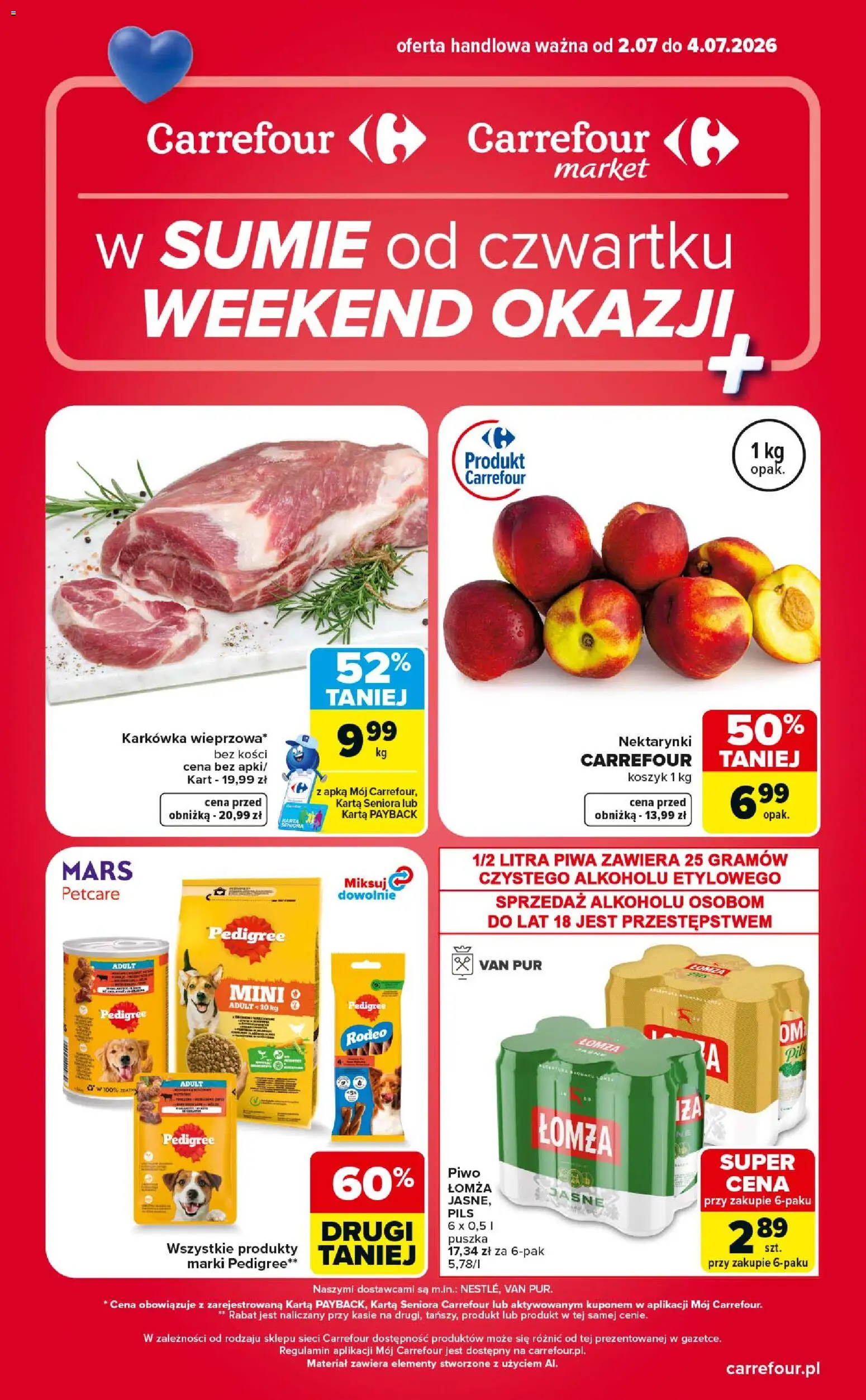 Carrefour gazetka - Weekend okazji od 02.07.2026 | Strona: 1 | Produkty: Karta, Karkówka, Pedigree, Piwo