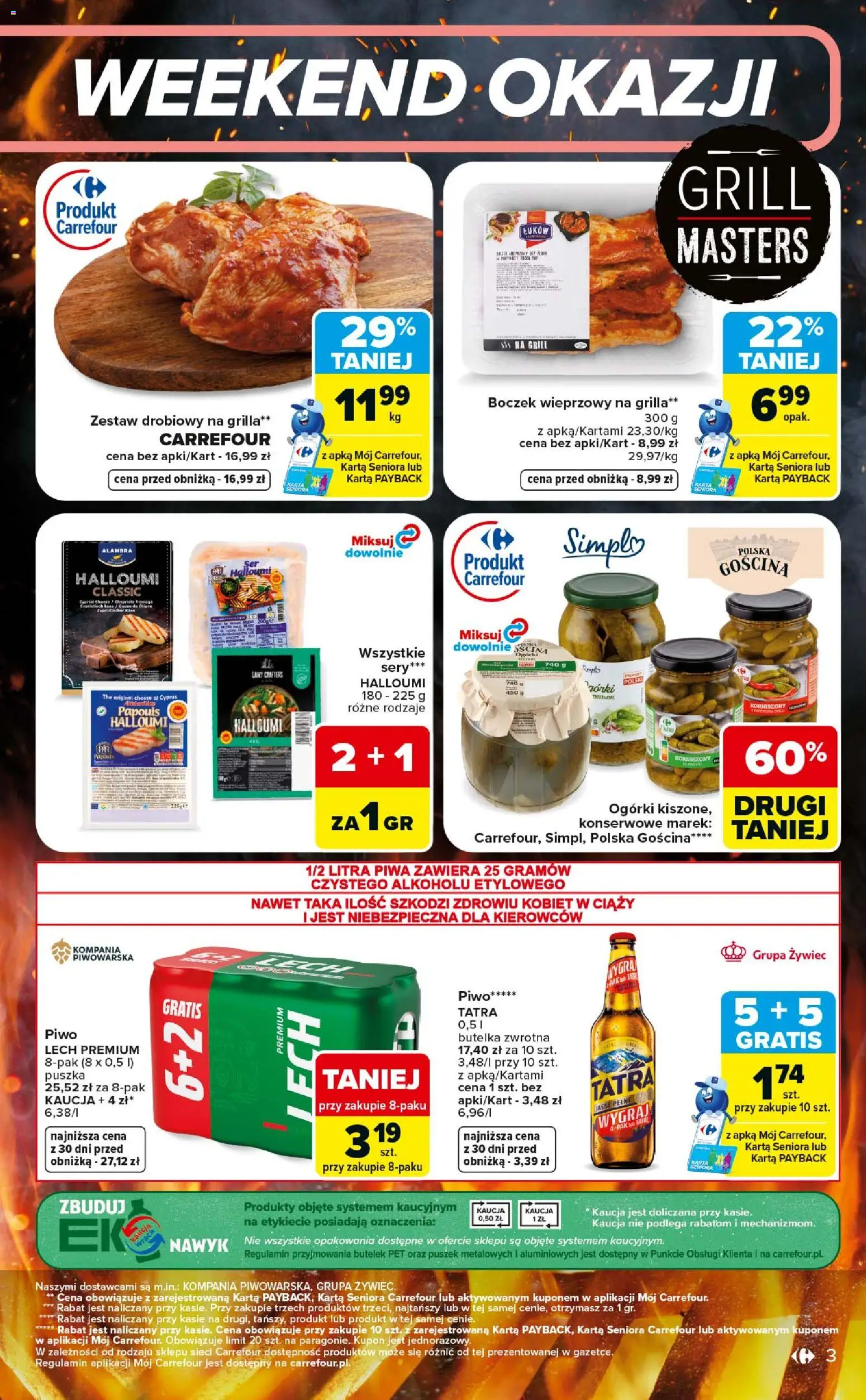Carrefour gazetka - Weekend okazji od 23.07.2026 | Strona: 3 | Produkty: Karta, Boczek, Piwo, Ogórki