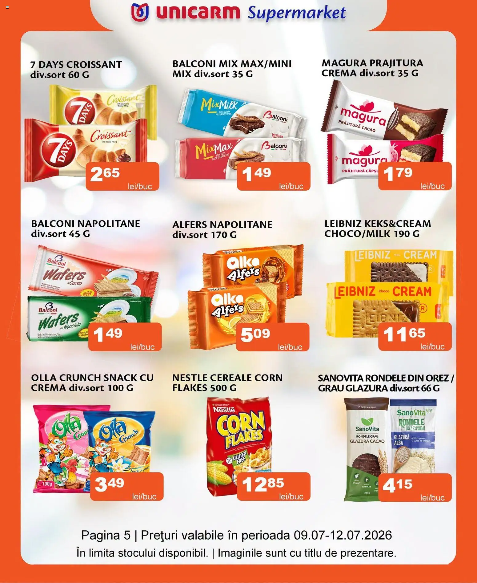 Noul catalog Unicarm – valabil de la 09.07.2026 | Pagină: 5 | Produse: Napolitane, Orez, Cereale, Cacao