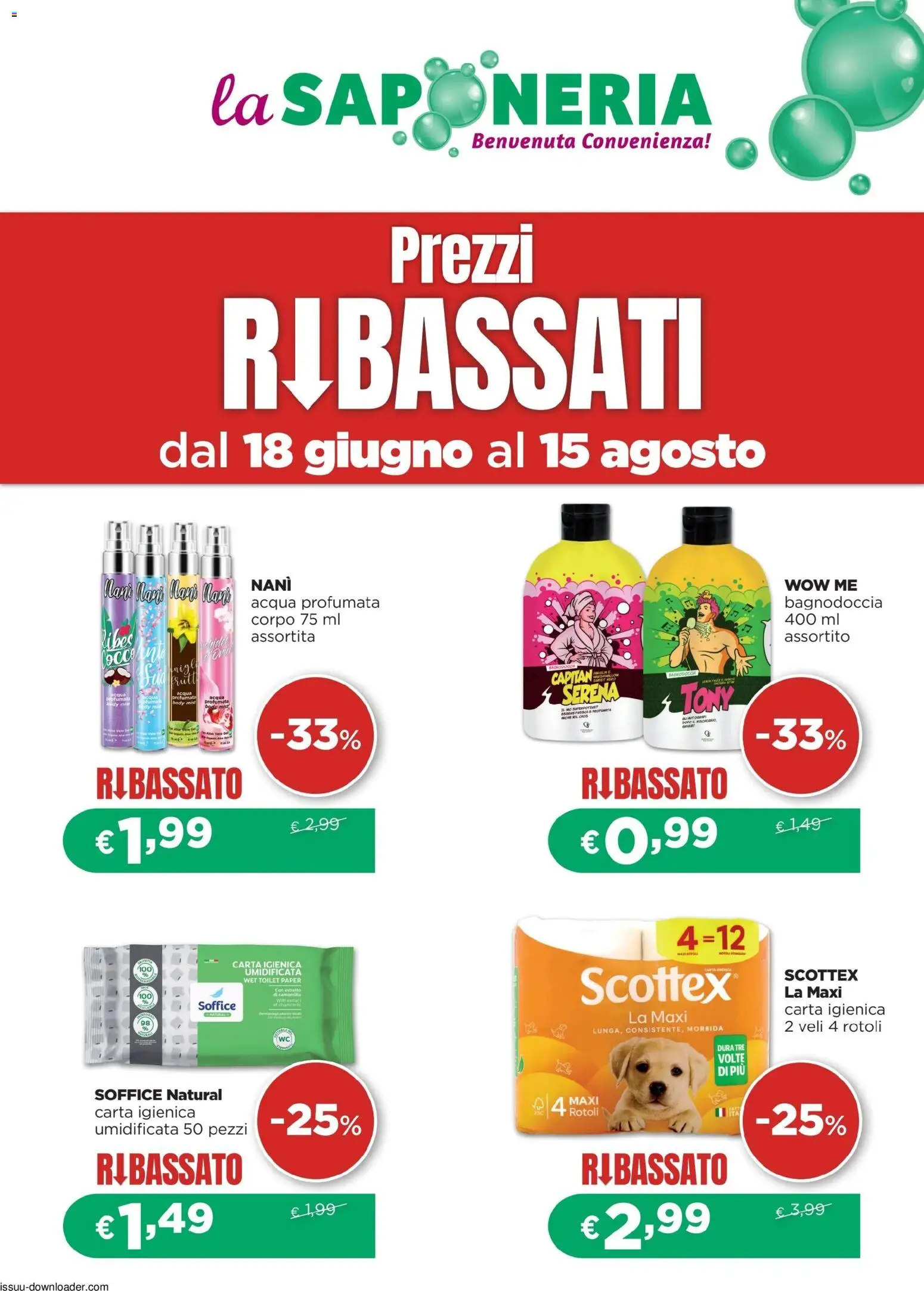 Volantino La Saponeria del 18/06/2026 | Pagina: 1 | Prodotti: Carta igienica, Acqua, Cocco, Aloe vera