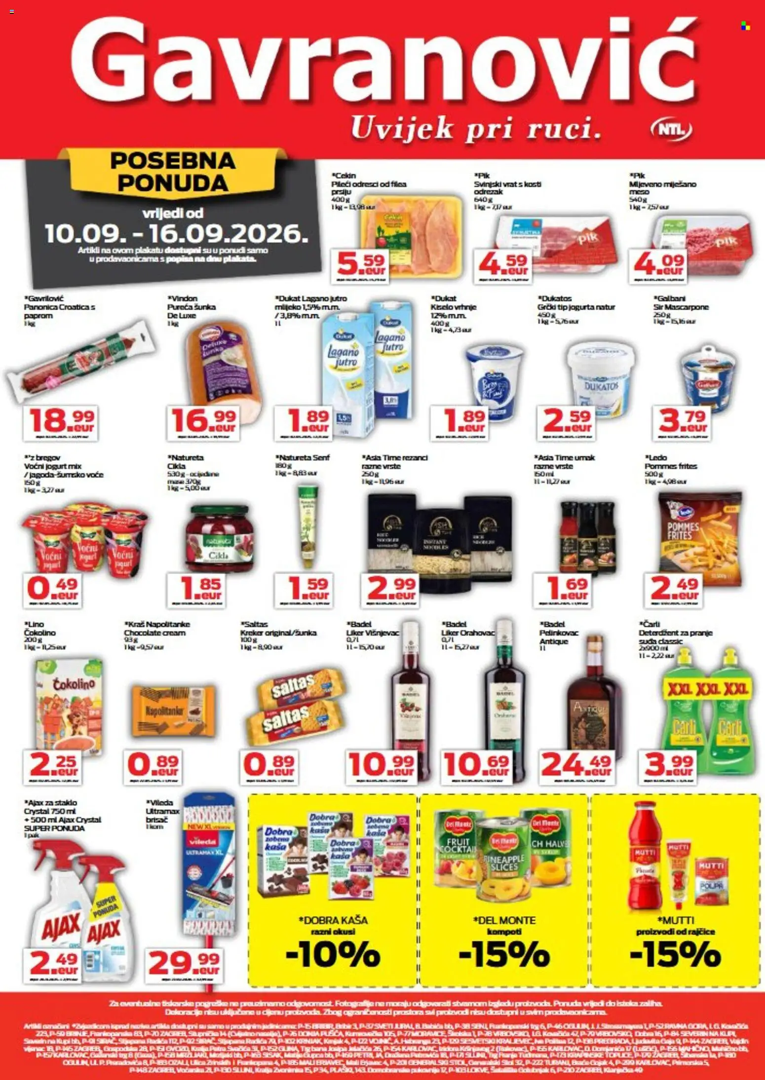 Gavranović katalog | vrijedi od 10.09.2026 | Stranica: 1 | Proizvodi: Svinjski vrat, Napolitanke, Staklo, Čokolino