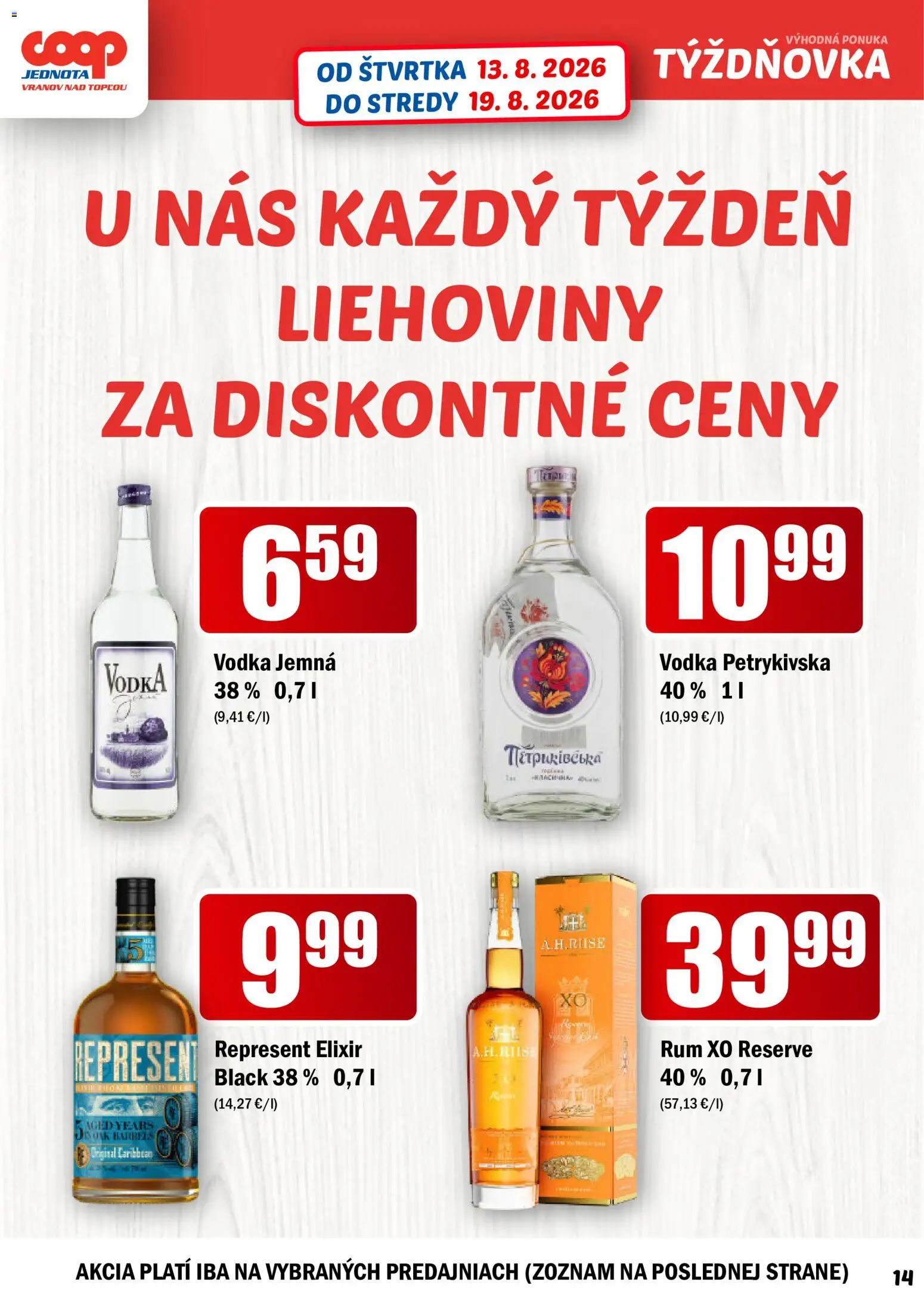Nové COOP Jednota akcie – leták je platný od 13.08.2026 | Strana: 14 | Produkty: Vodka, Rum