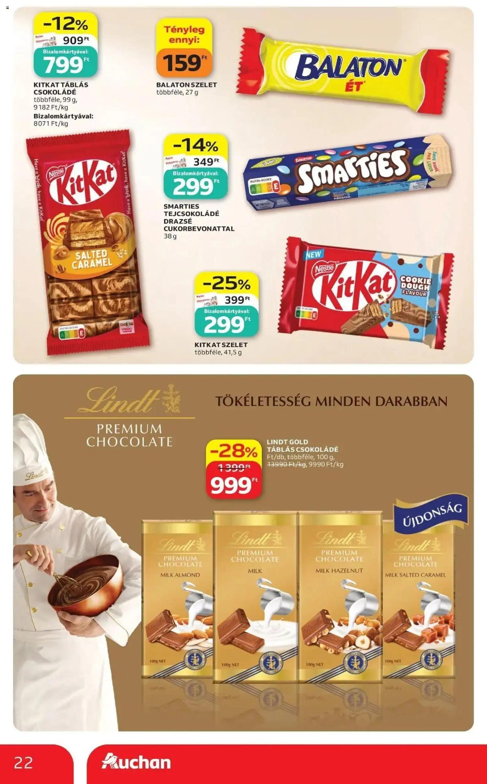 Auchan akciós újság Szolnok - 2026.09.17. -tól/töl > akció, lapozható szórólap 🛍️ | Oldal: 22 | Termékek: Szelet, Lindt, Drazsé, Tejcsokoládé