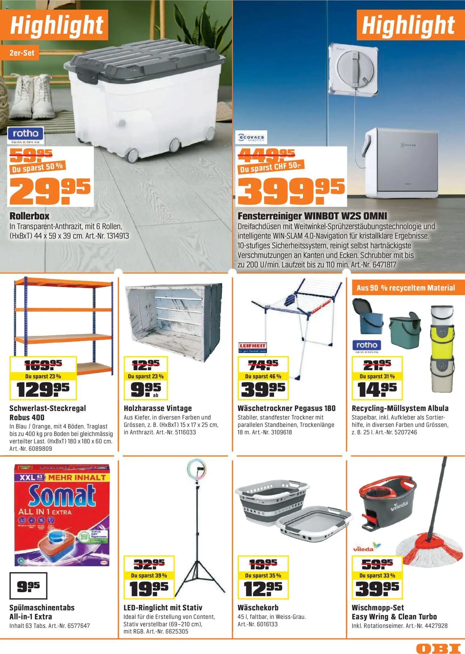 OBI - UNSERE SUPERDEALS! – gültig ab 04.08.2026 | Seite: 9 | Produkte: Spülmaschinentabs, Stativ, Trockner