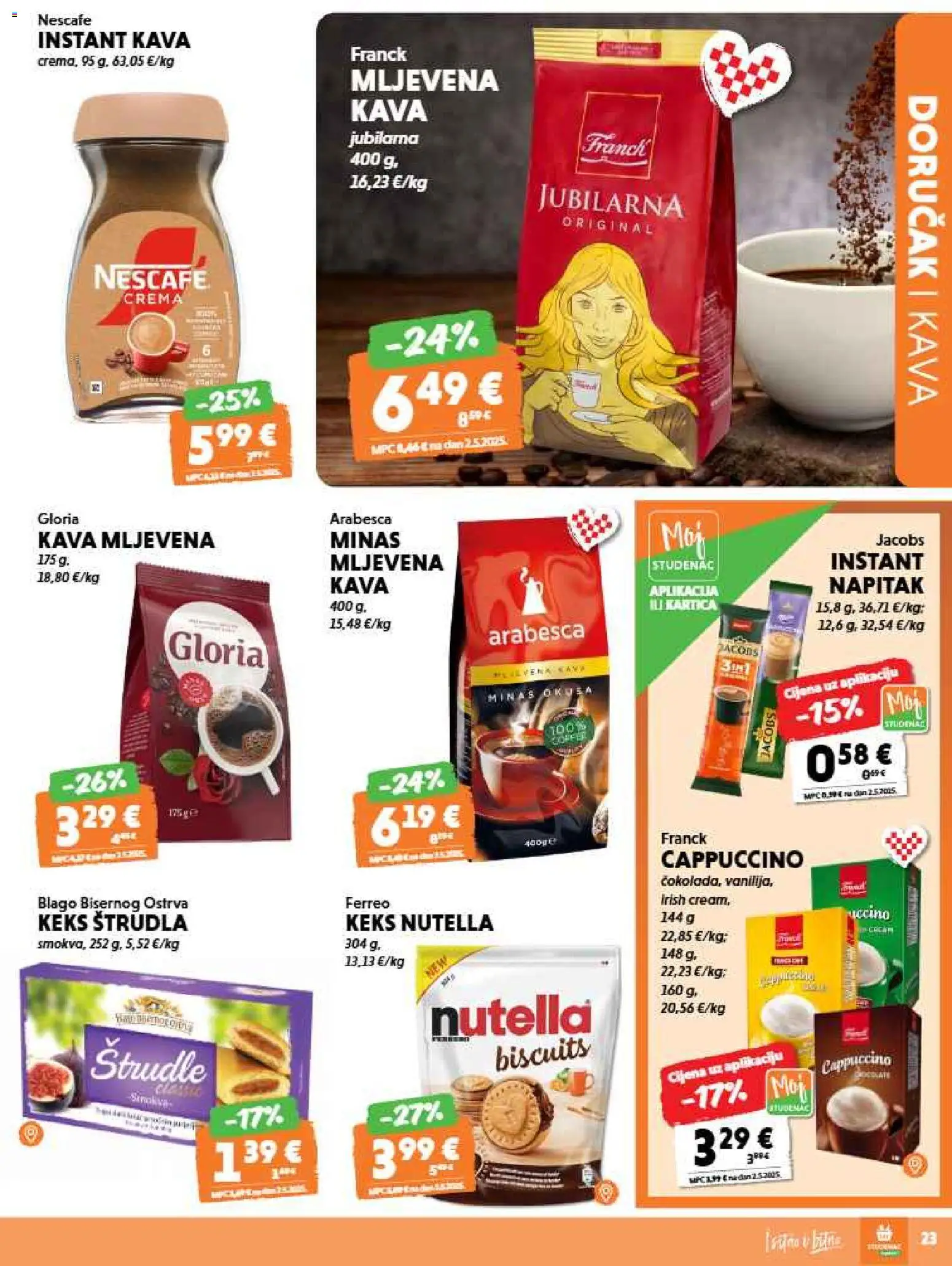 Studenac katalog | vrijedi od 12.08.2026 | Stranica: 23 | Proizvodi: Nutella, Arabesca, Jacobs, Keks