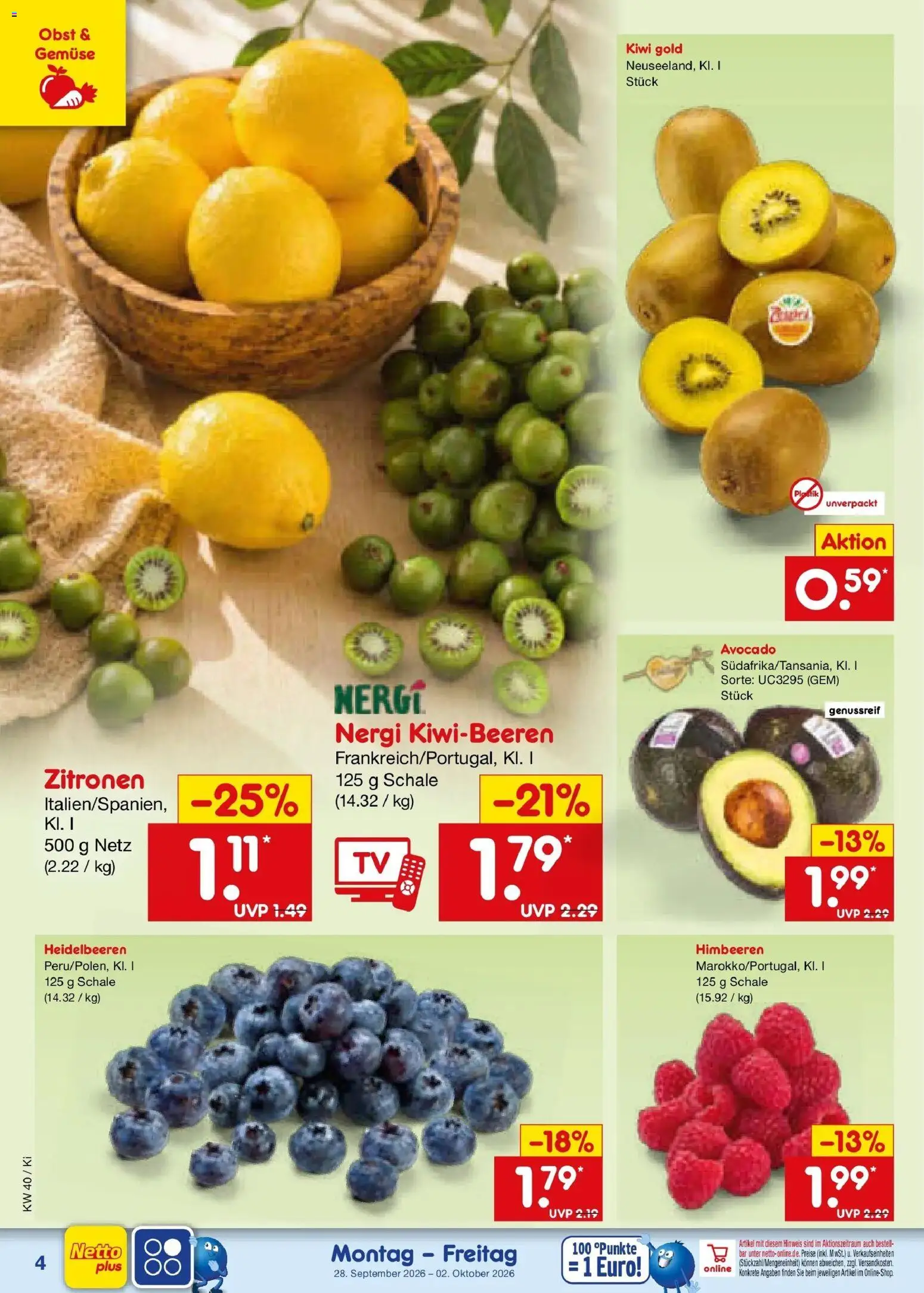 Netto Marken-Discount Prospekt Bad Friedrichshall – gültig ab 28.09.2026 | Seite: 4 | Produkte: Himbeeren, Avocado, Obst, Zitronen