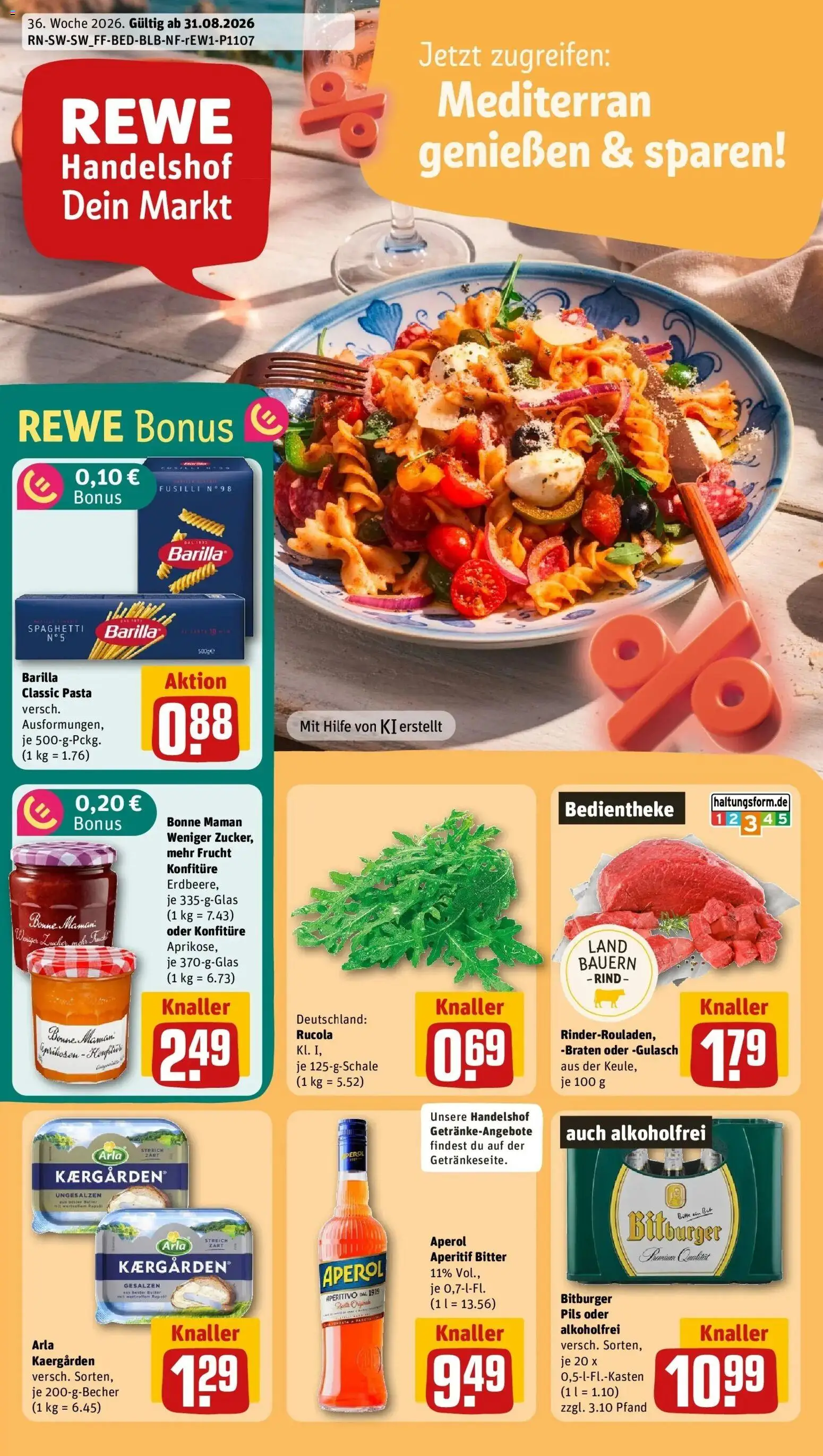 REWE Prospekt ab 31.08.2026 zum Blättern » Angebote | Seite: 1 | Produkte: Barilla, Spaghetti, Rucola, Pils