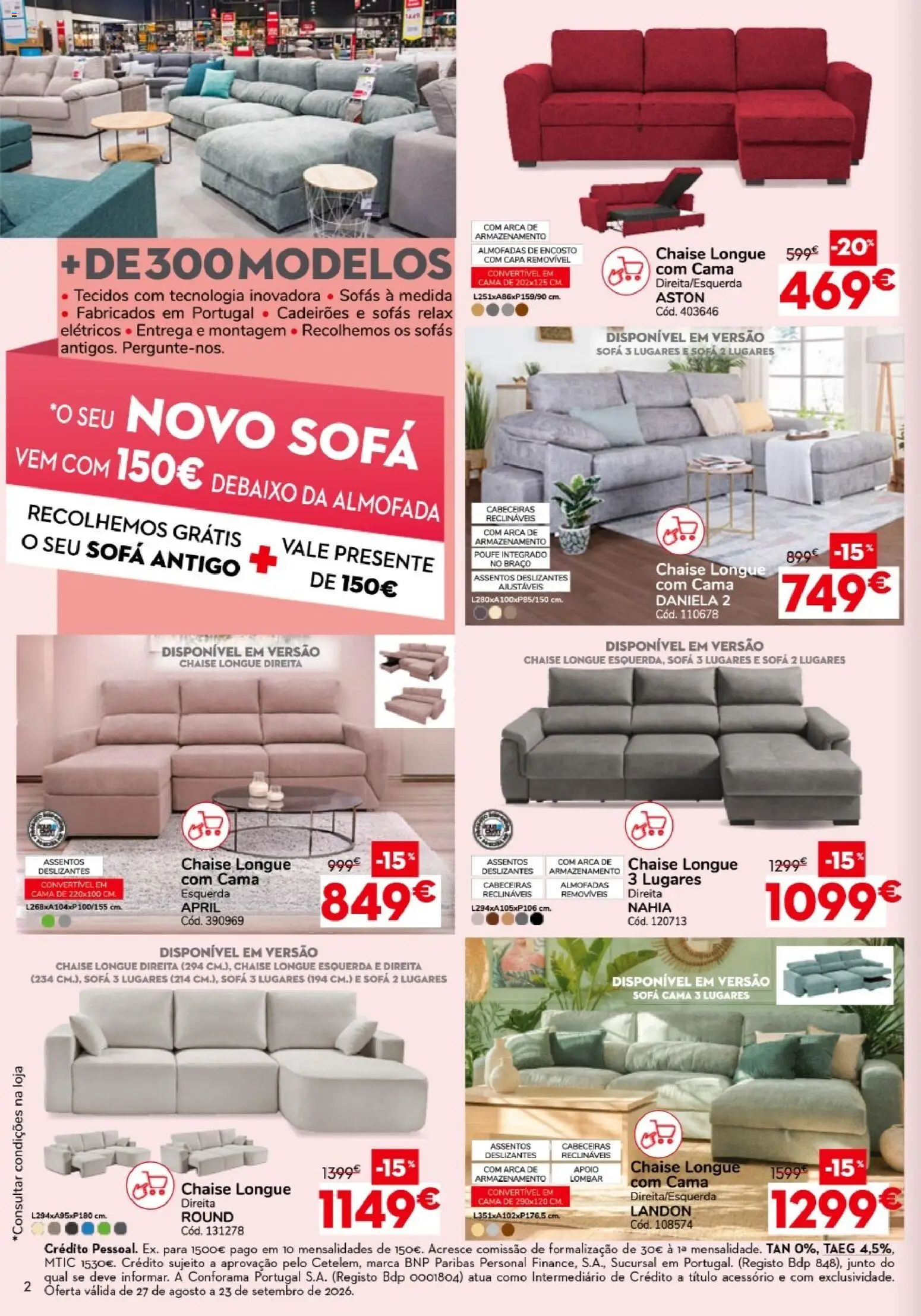 Conforama folheto │ válido de 27/08/2026 | Página: 2 | Produtos: Sofás, Cama, Almofada, Sofá