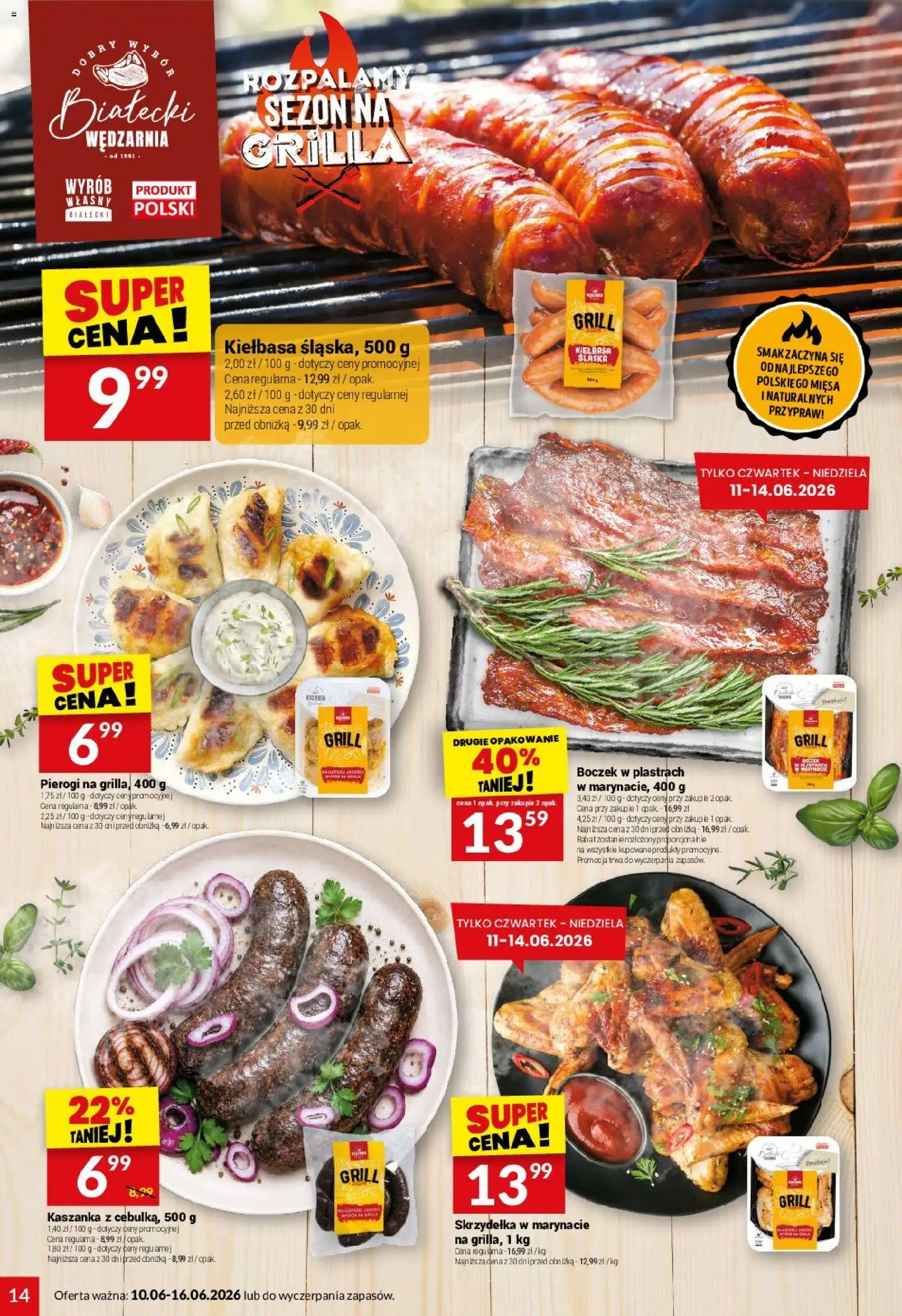 Twój Market gazetka od 10.06.2026 | Strona: 14 | Produkty: Kiełbasa, Pierogi, Grill, Kaszanka