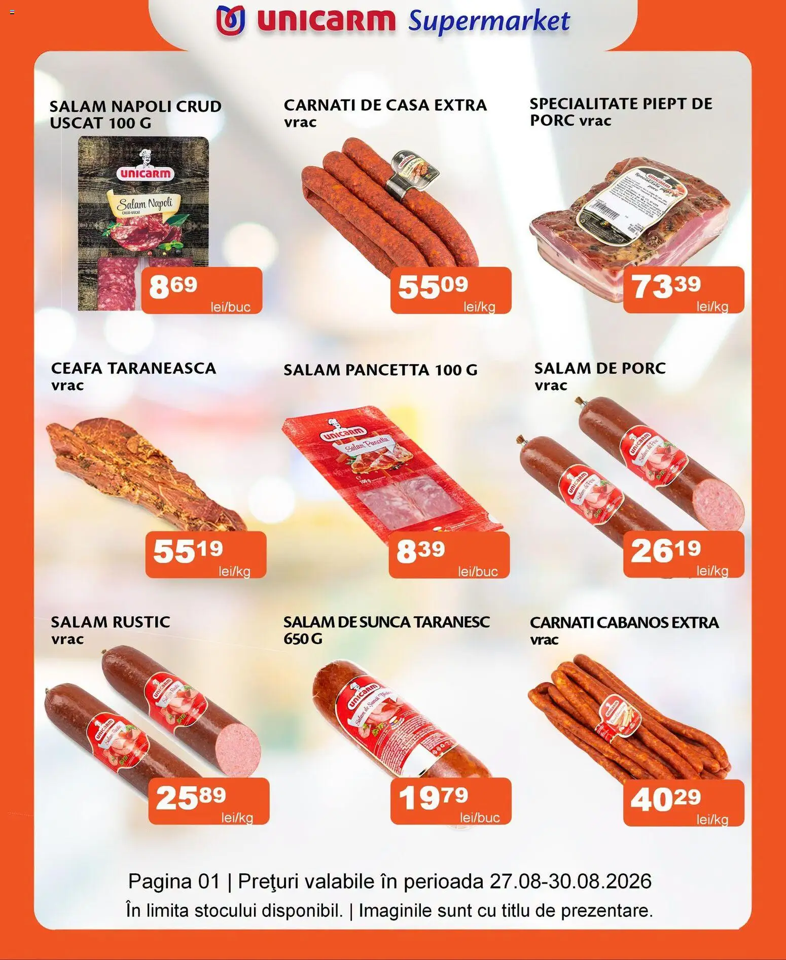 Noul catalog Unicarm – valabil de la 27.08.2026 | Pagină: 1 | Produse: Cabanos, Salam, Șuncă, Cârnați