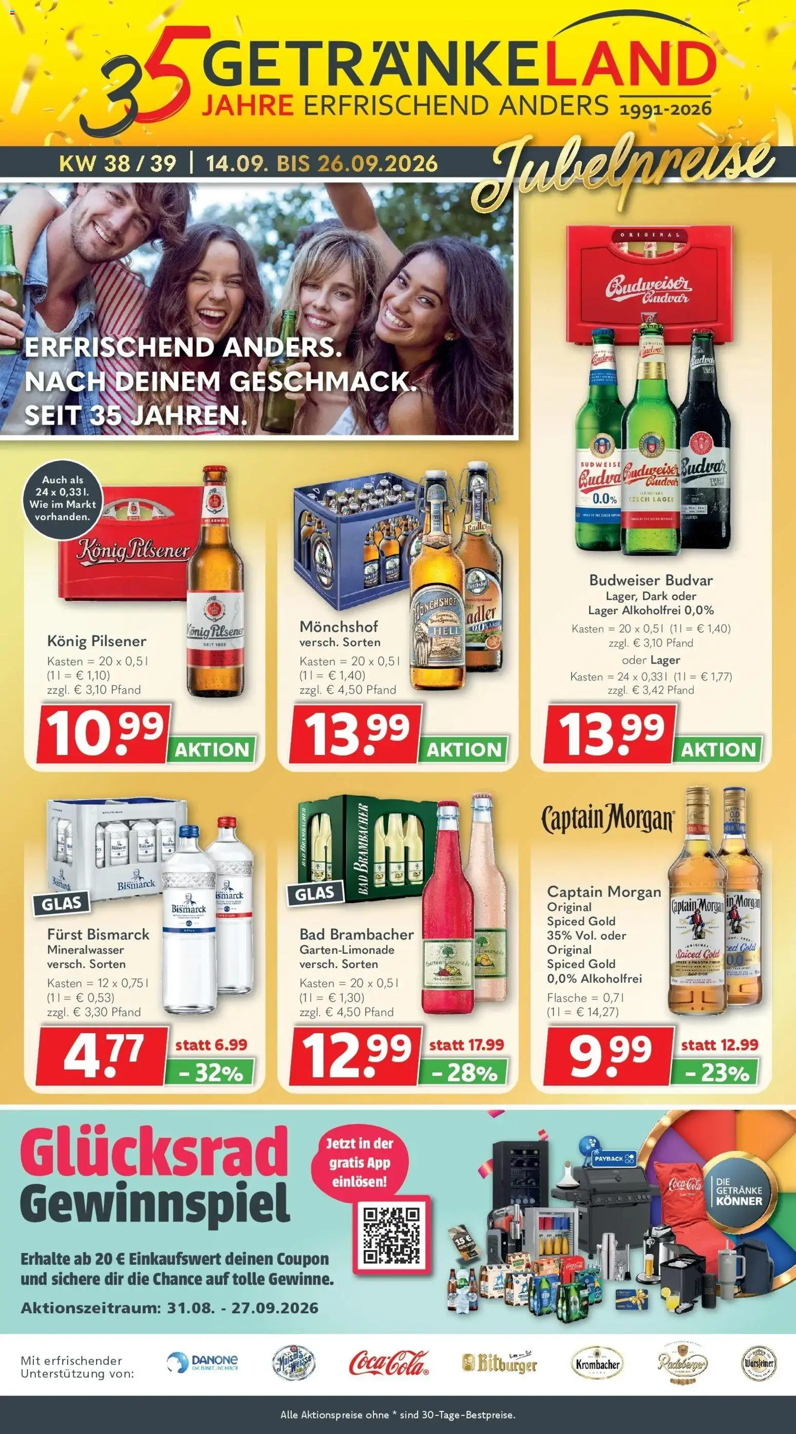 Getränkeland Prospekt Ahrensburg (ab 14.09.2026) zum Blättern | Seite: 1 | Produkte: Bad, Mineralwasser, Krombacher, Captain morgan