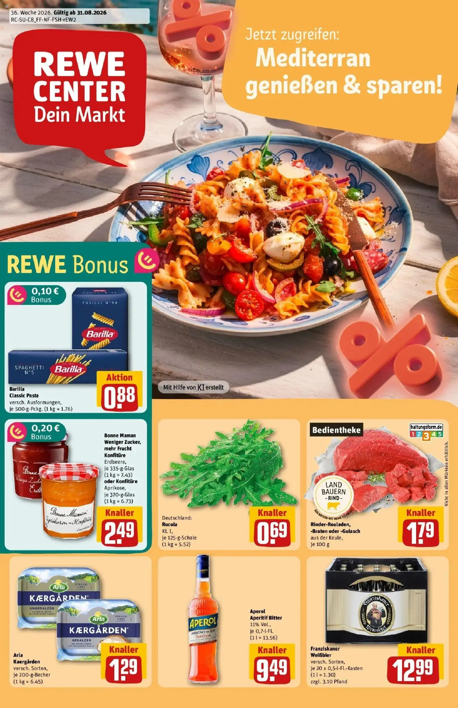 REWE Prospekt ab 31.08.2026 zum Blättern » Angebote | Seite: 1 | Produkte: Franziskaner, Weißbier, Rucola, Aperol