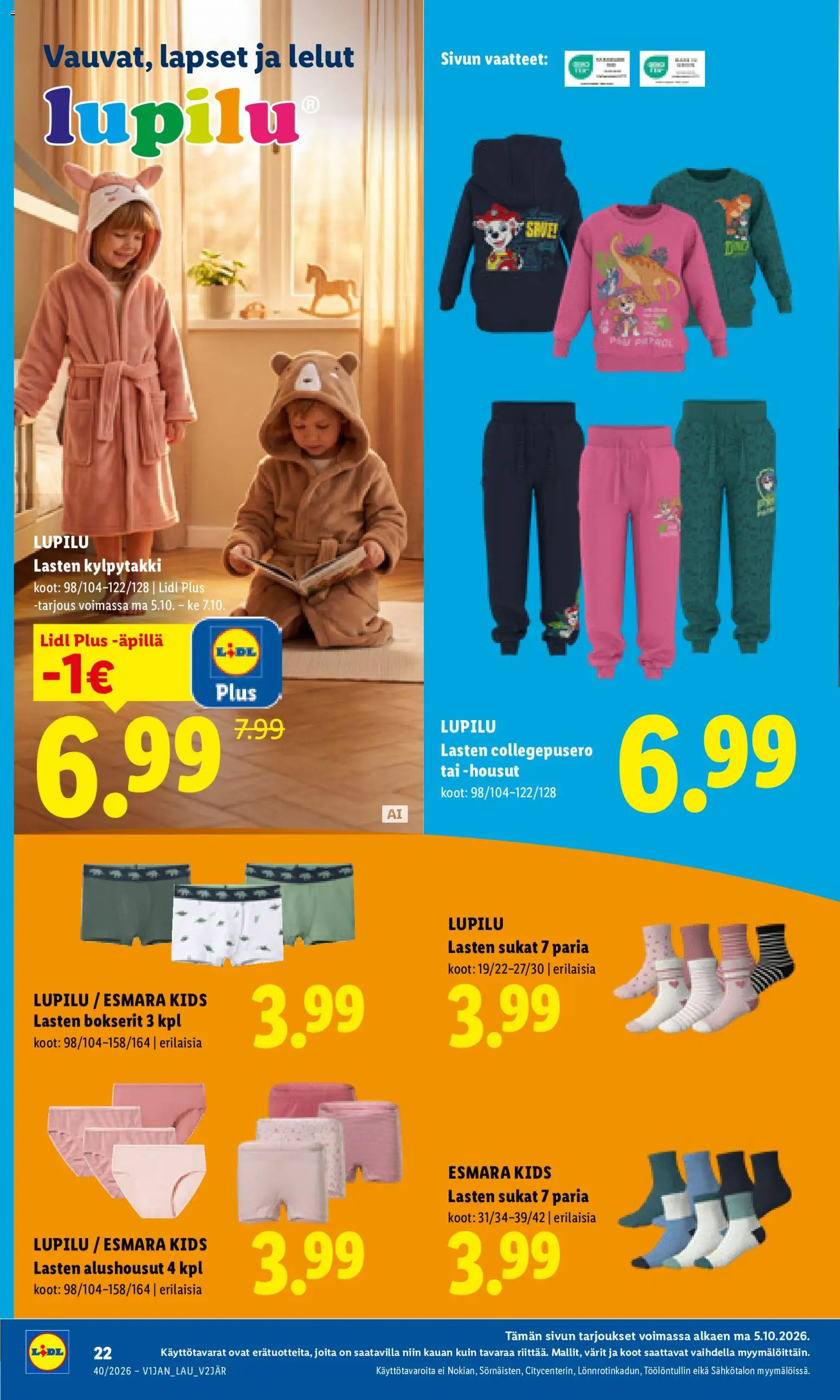Lidl tarjoukset Kauhajoki – voimassa 05/10/2026 alkaen | Sivu: 12 | Tuotteet: Vaatteet, Sukat, Alushousut, Bokserit