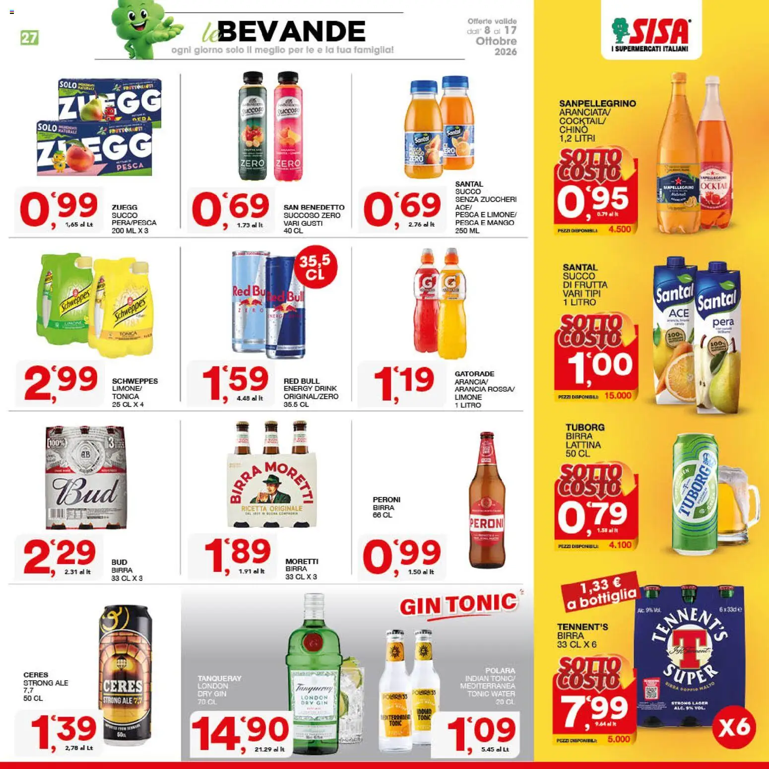 Volantino SISA del 08/10/2026 | Pagina: 27 | Prodotti: Tennent's, Pera, Red Bull, Bottiglia