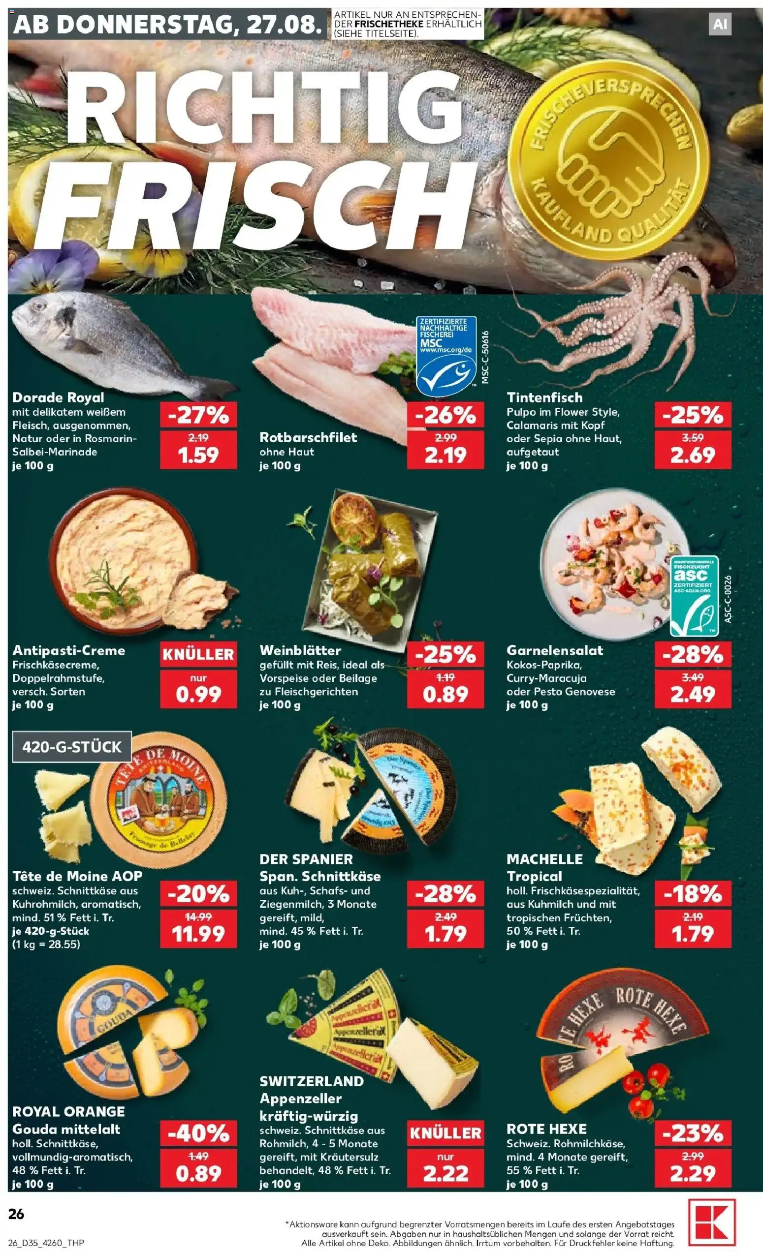 Prospekt Kaufland ab 27.08.2026 » Angebote Online zum Blättern | Seite: 26 | Produkte: Dorade, Gouda, Tintenfisch