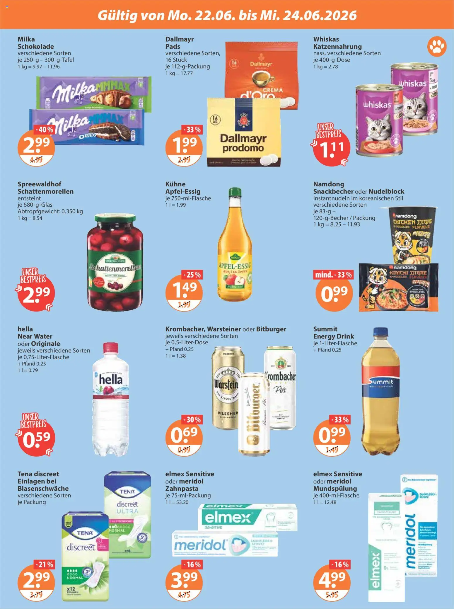 V-Markt Hallertau / Oberpfalz ab Montag – gültig ab 22.06.2026 | Seite: 3 | Produkte: Bitburger, Zahnpasta, Dallmayr, Whiskas