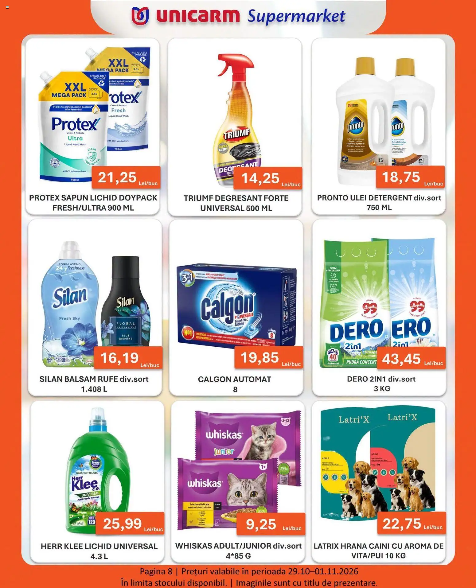 Noul catalog Unicarm – valabil de la 29.10.2026 | Pagină: 8 | Produse: Whiskas, Pudră, Ulei, Săpun lichid