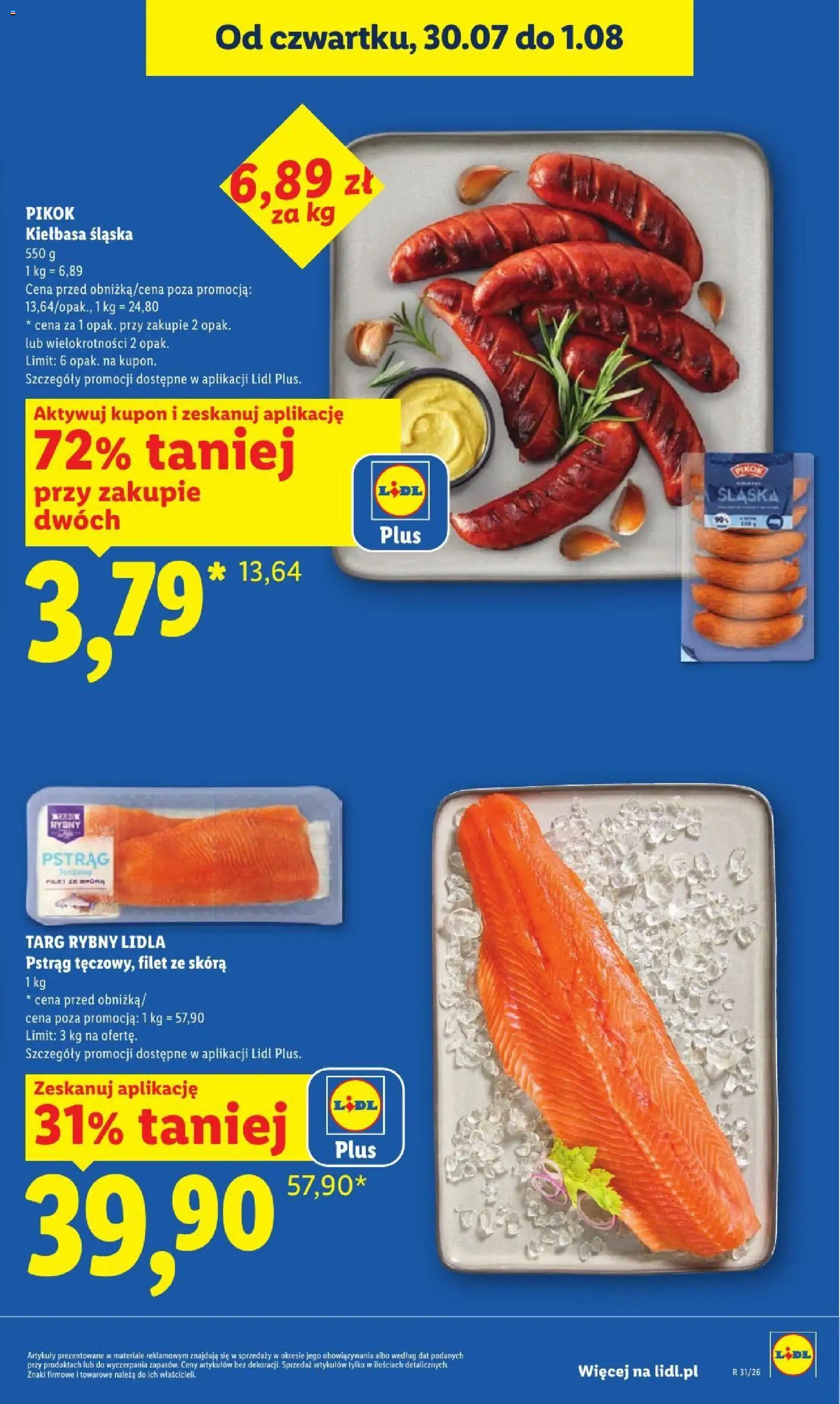 Lidl gazetka od 30.07.2026 | Strona: 13 | Produkty: Kiełbasa, Pstrąg, Kiełbasa śląska