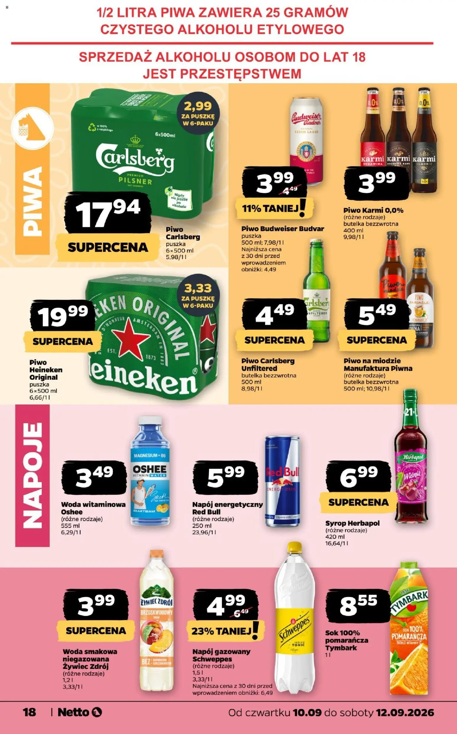 Netto gazetka od czwartku od 10.09.2026 | Strona: 18 | Produkty: Tymbark, Napój energetyczny, Piwo, Woda