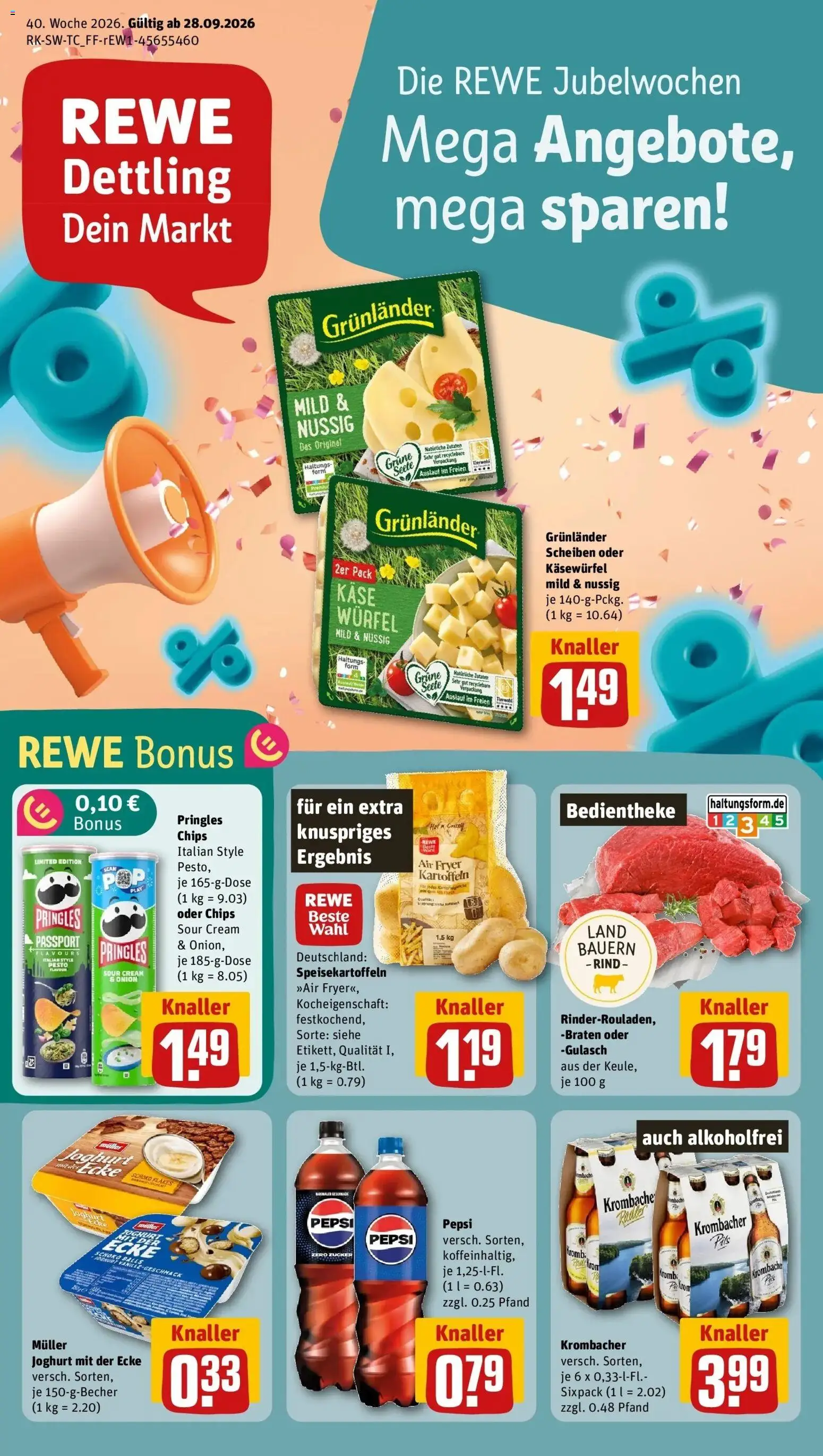 REWE Prospekt ab 28.09.2026 zum Blättern » Angebote | Seite: 1 | Produkte: Pils, Kartoffeln, Grunlander, Gulasch