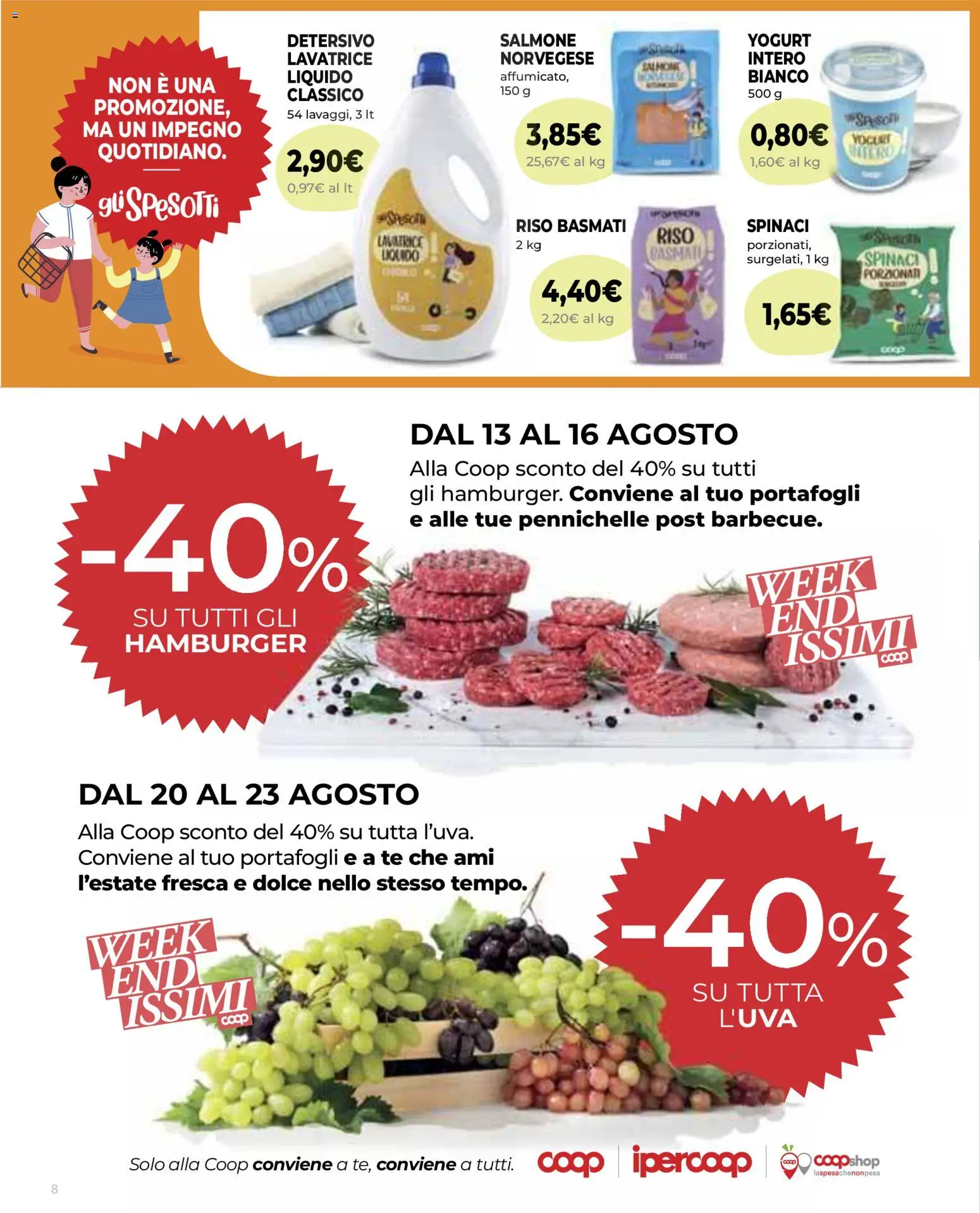 Volantino Ipercoop del 13/08/2026 | Pagina: 8 | Prodotti: Yogurt, Salmone, Lavatrice, Hamburger