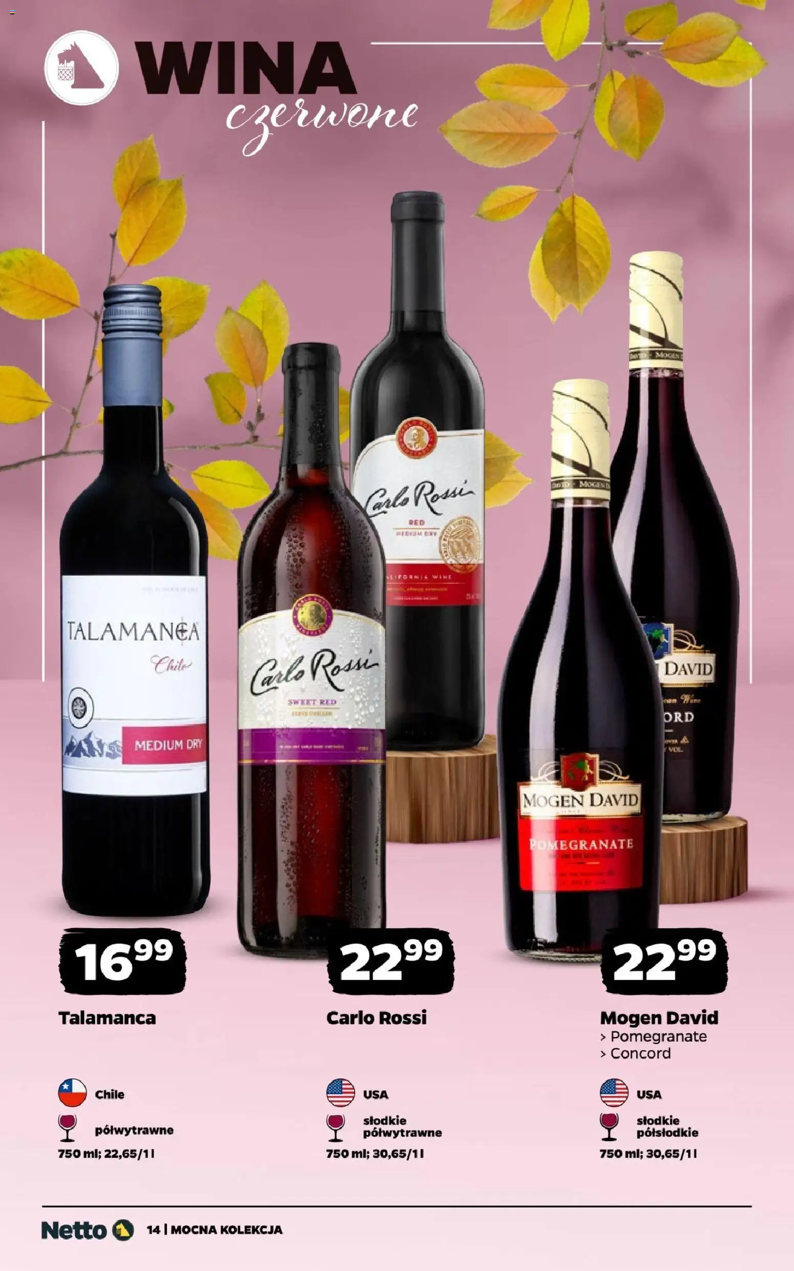 Netto gazetka - Wina od 28.09.2026 | Strona: 14 | Produkty: Mogen david pomegranate, Carlo Rossi, Wina czerwone