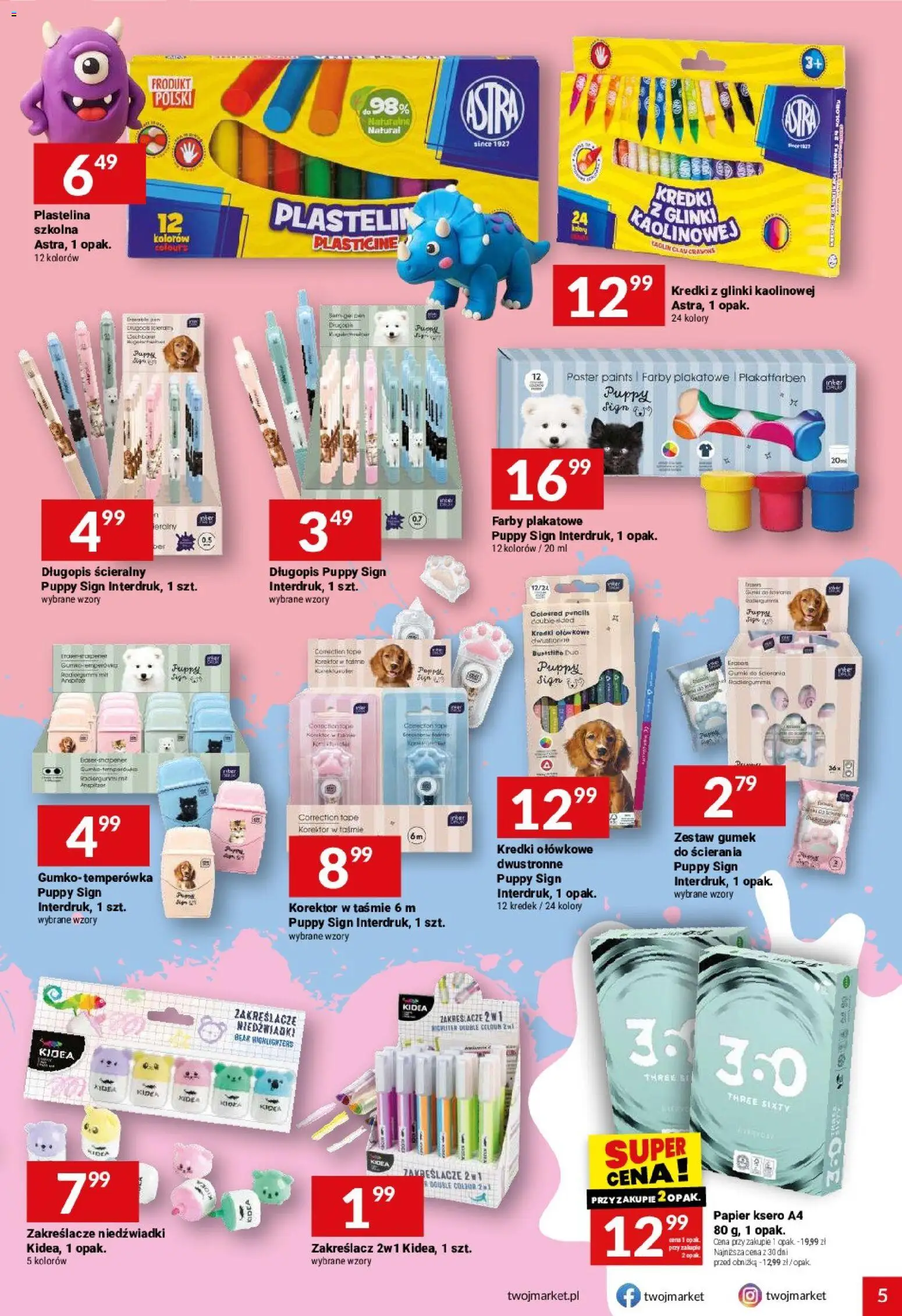 Twój Market gazetka od 19.08.2026 | Strona: 5 | Produkty: Plastelina, Temperówka, Korektor, Papier ksero
