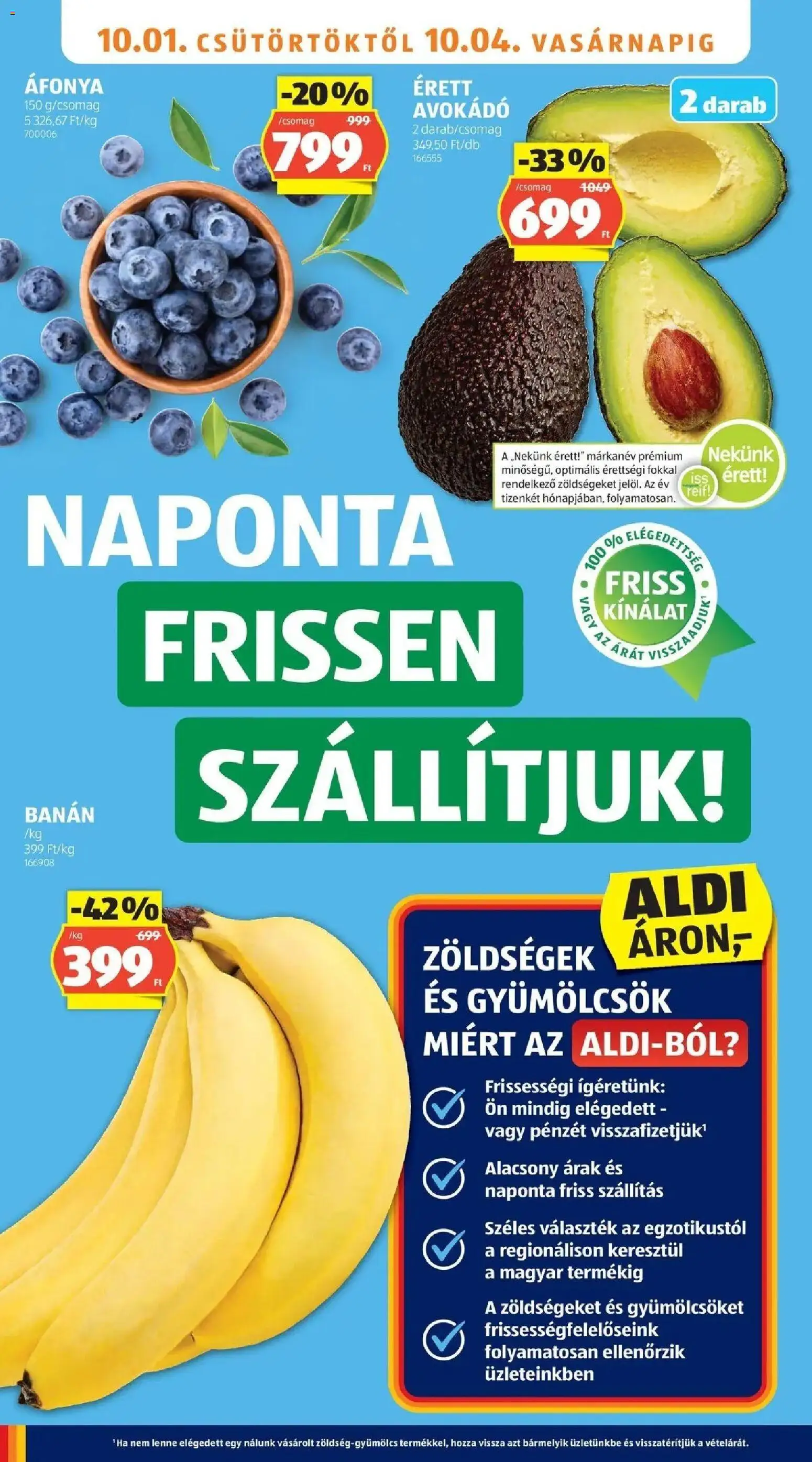 Aldi aktuális akciós újság - 2026.09.26. -tól/töl > akció, lapozható szórólap 🛍️ | Oldal: 4 | Termékek: Zöldségek, Áfonya, Banán, Avokádó
