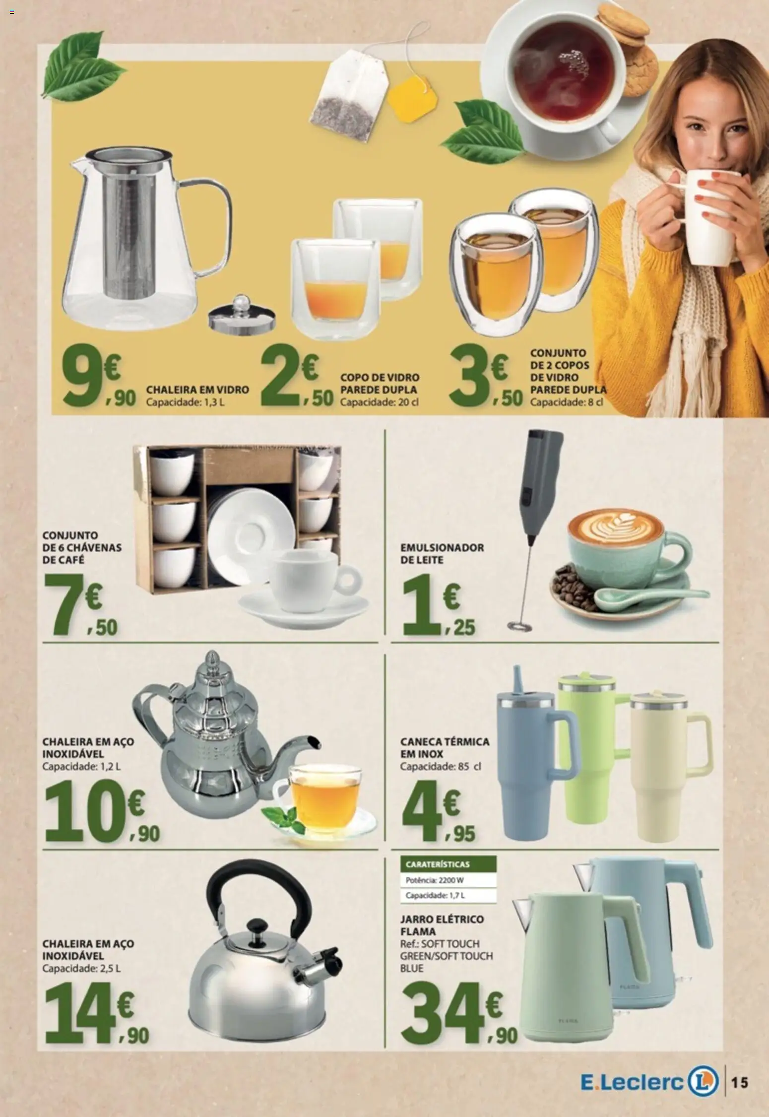 E.Leclerc folheto Bebidas Quentes │ válido de 27/10/2026 | Página: 15 | Produtos: Copos, Chaleira, Leite, Café