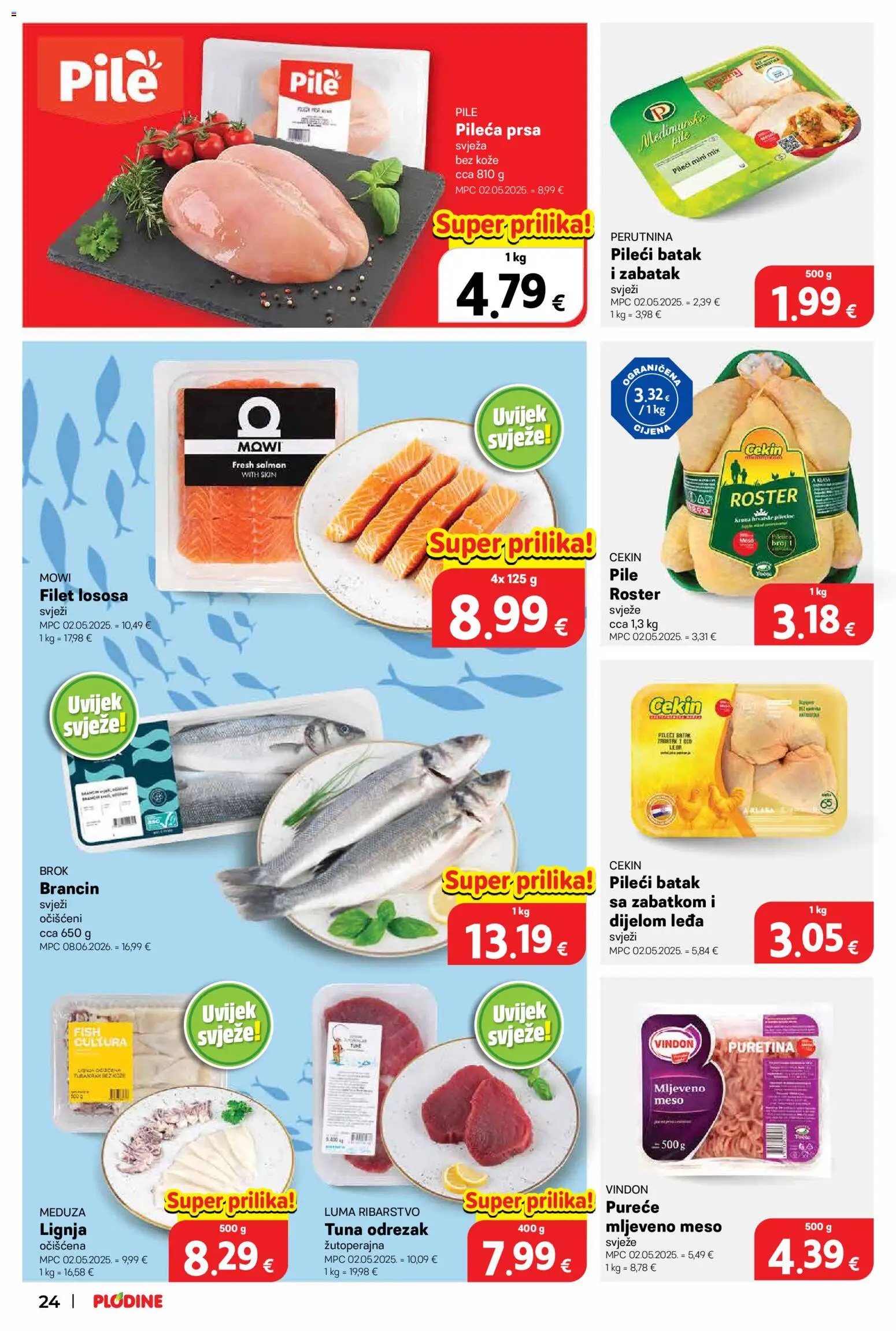 Plodine katalog | vrijedi od 08.07.2026 | Stranica: 24 | Proizvodi: Mljeveno meso, Brancin, Tuna, Pileća prsa