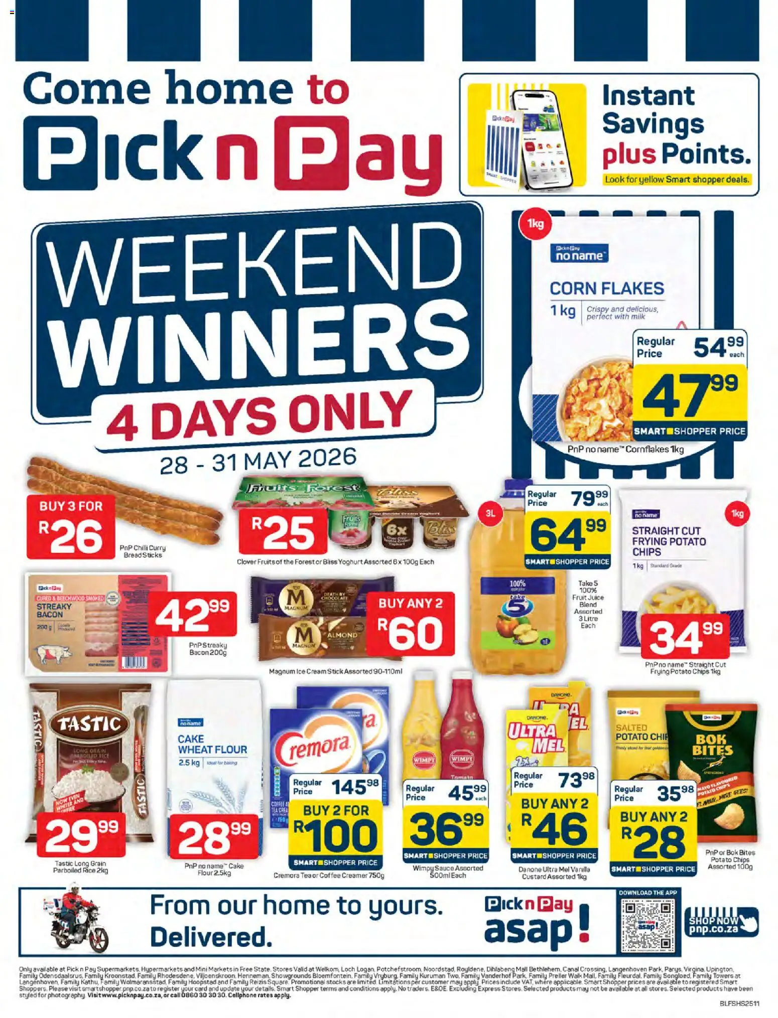 New Pick n Pay catalogue – valid from 28.05.2026 | Page: 1 | Products: Custard, Yoghurt, Flakes, Bacon