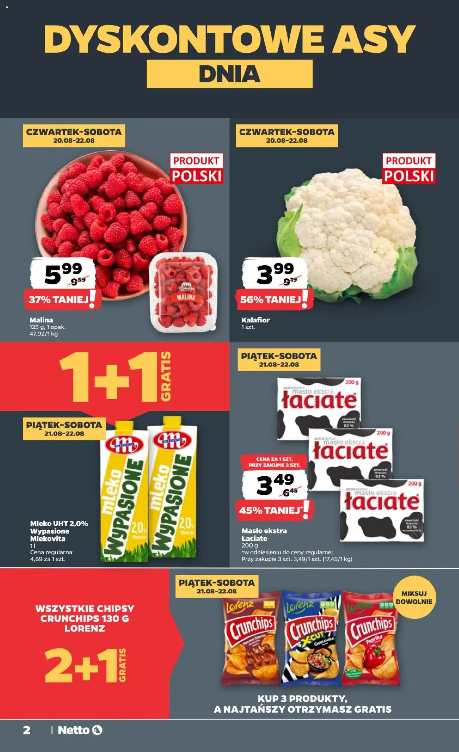 Netto gazetka od czwartku od 20.08.2026 | Strona: 2 | Produkty: Malina, Kalafior, Chipsy, Mleko UHT