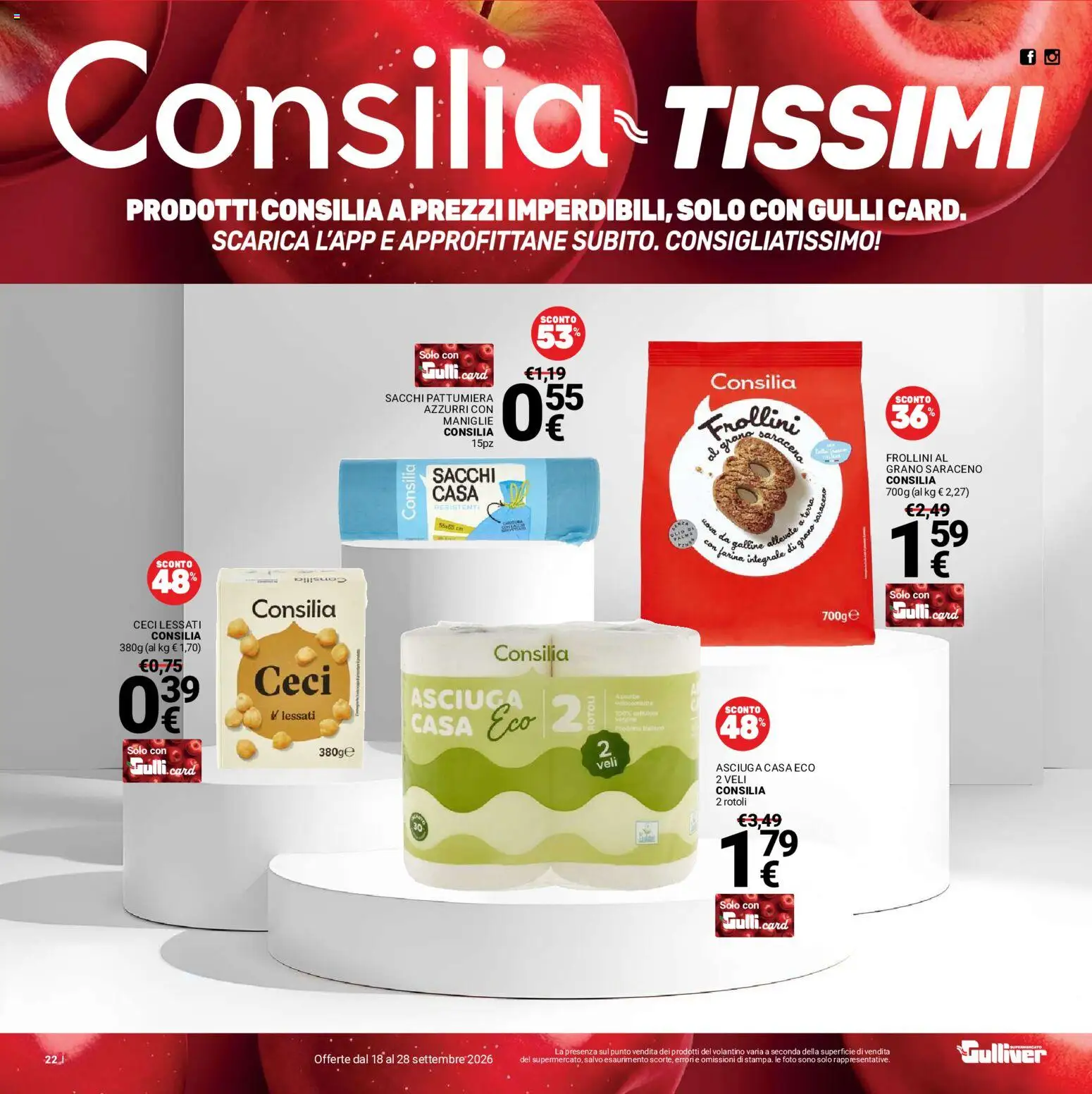 Volantino Gulliver del 18/09/2026 | Pagina: 22 | Prodotti: Ceci, Pattumiera, Frollini, Terra