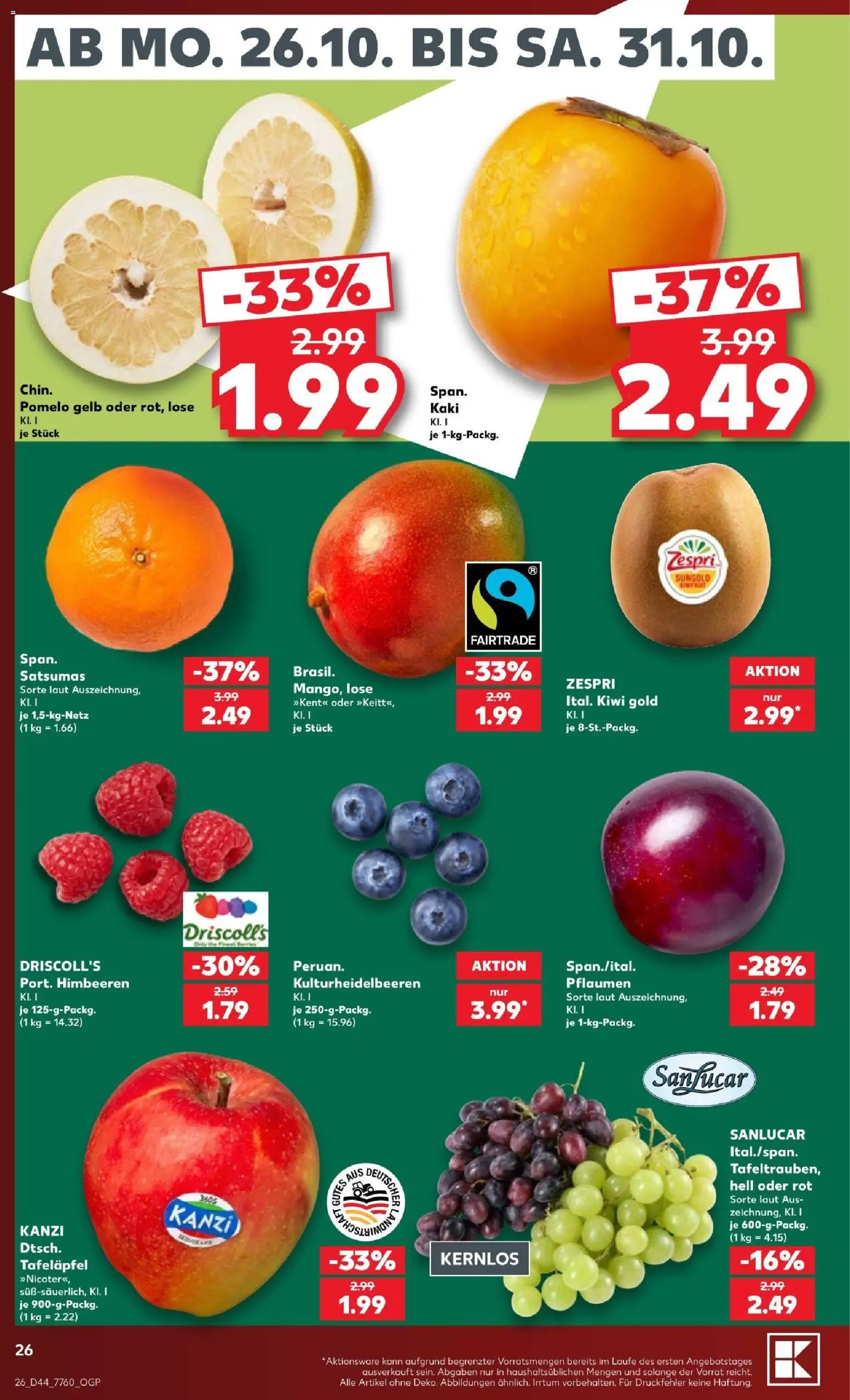 Kaufland Prospekt Speyer – gültig ab 26.10.2026 | Seite: 26 | Produkte: Himbeeren, Pflaumen, Kaki, Kiwi