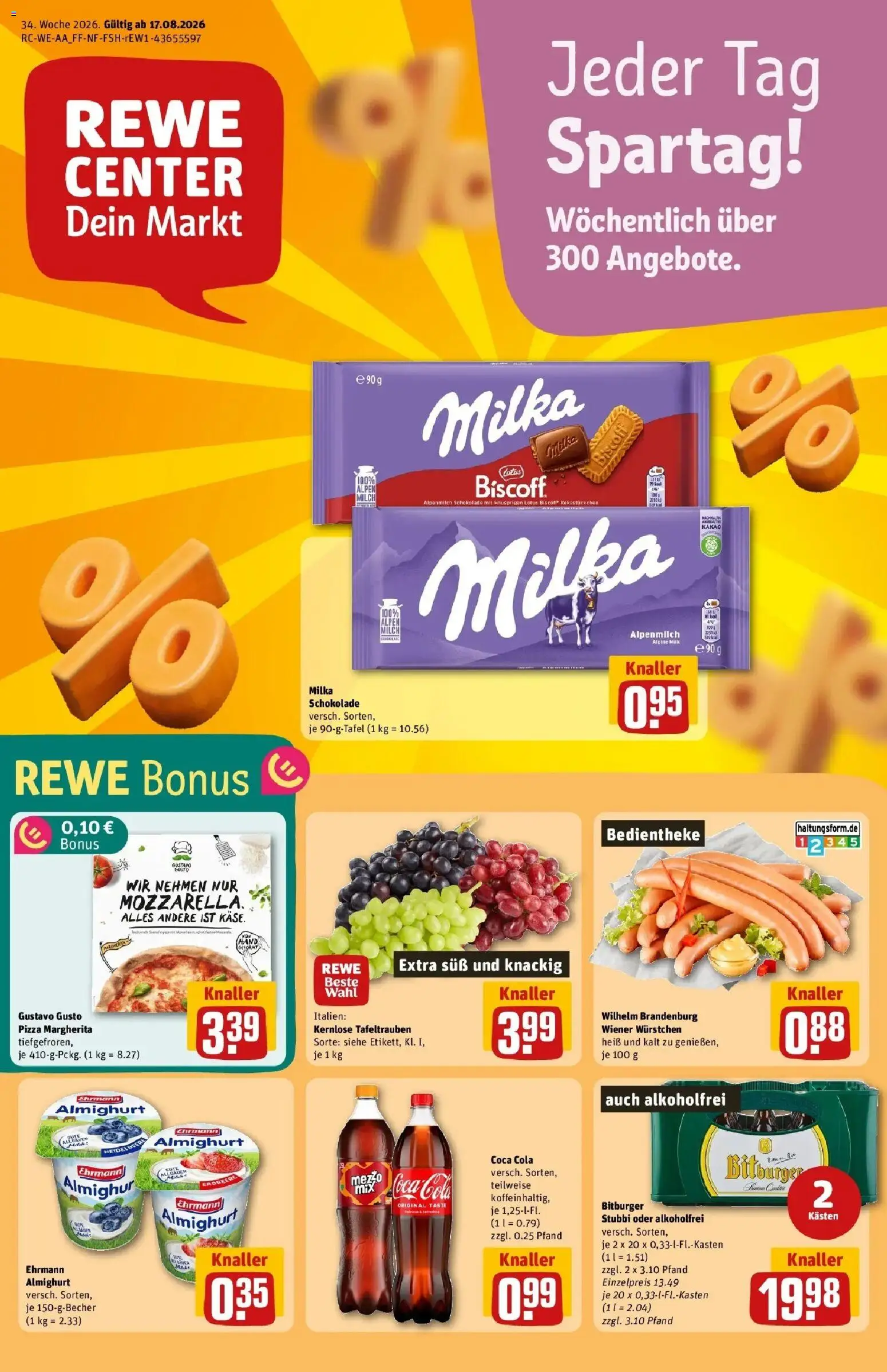 REWE Prospekt ab 17.08.2026 zum Blättern » Angebote | Seite: 1 | Produkte: Gustavo gusto, Wiener wurstchen, Käse, Schokolade