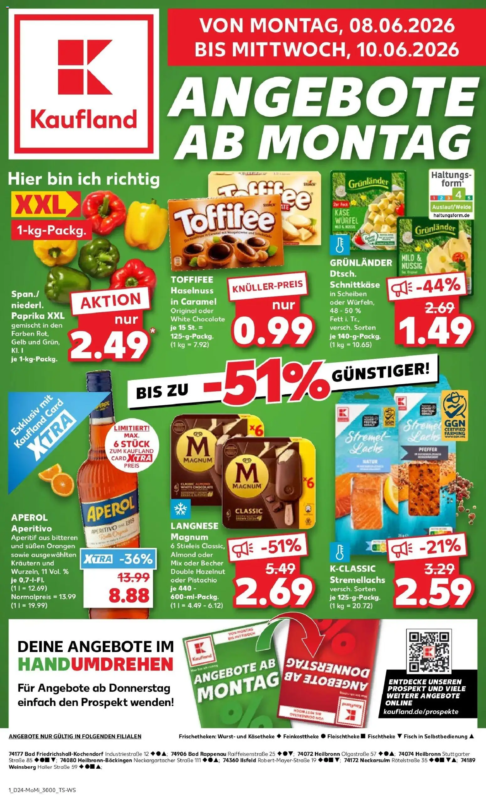 Kaufland Prospekt Heilbronn – gültig ab 08.06.2026 | Seite: 1 | Produkte: Paprika, Wurst, Toffifee, Aperol