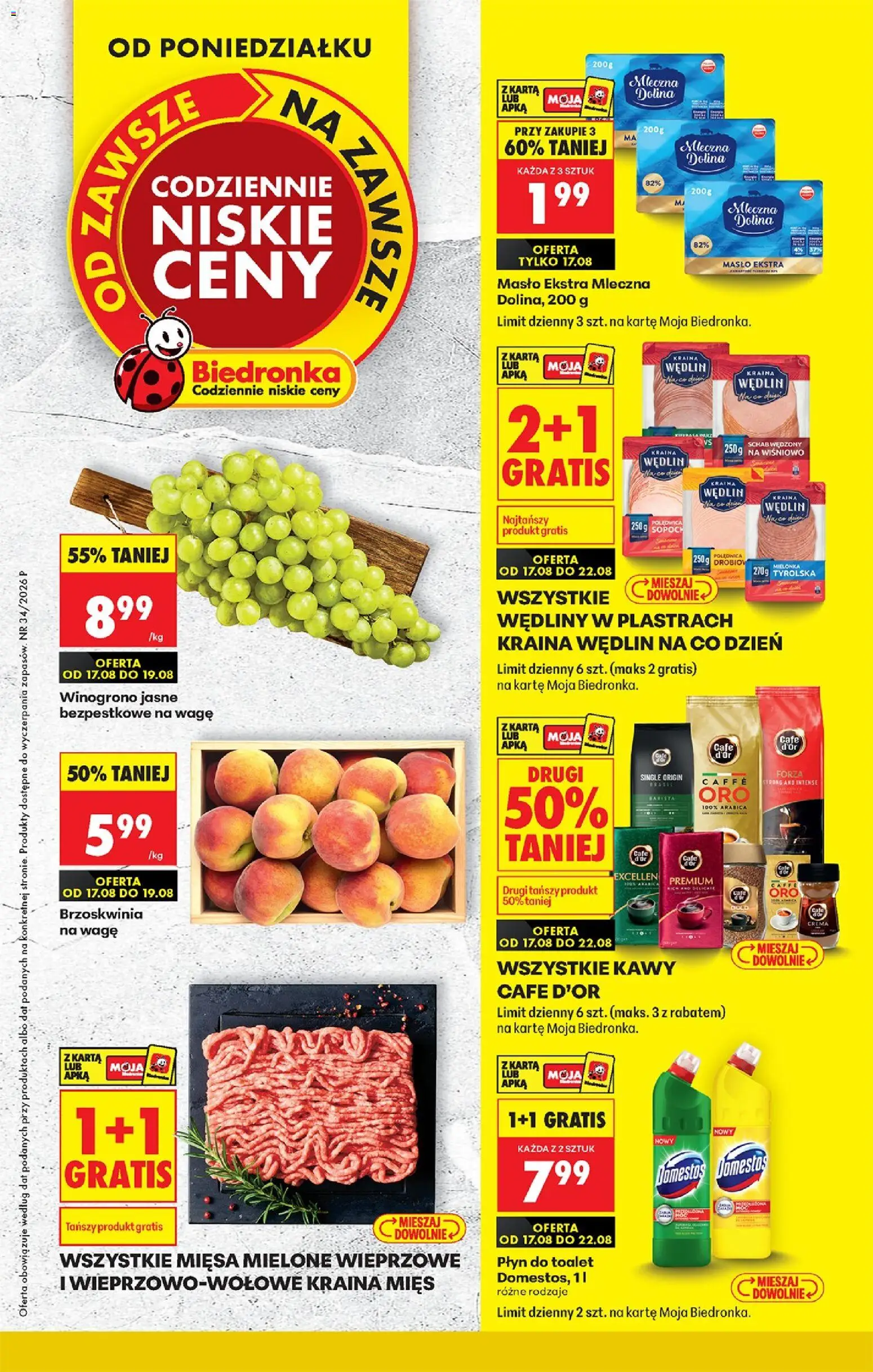 Biedronka gazetka od poniedziałku od 17.08.2026 | Strona: 1 | Produkty: Karta, Cafe d'Or, Mielonka tyrolska, Mięso mielone