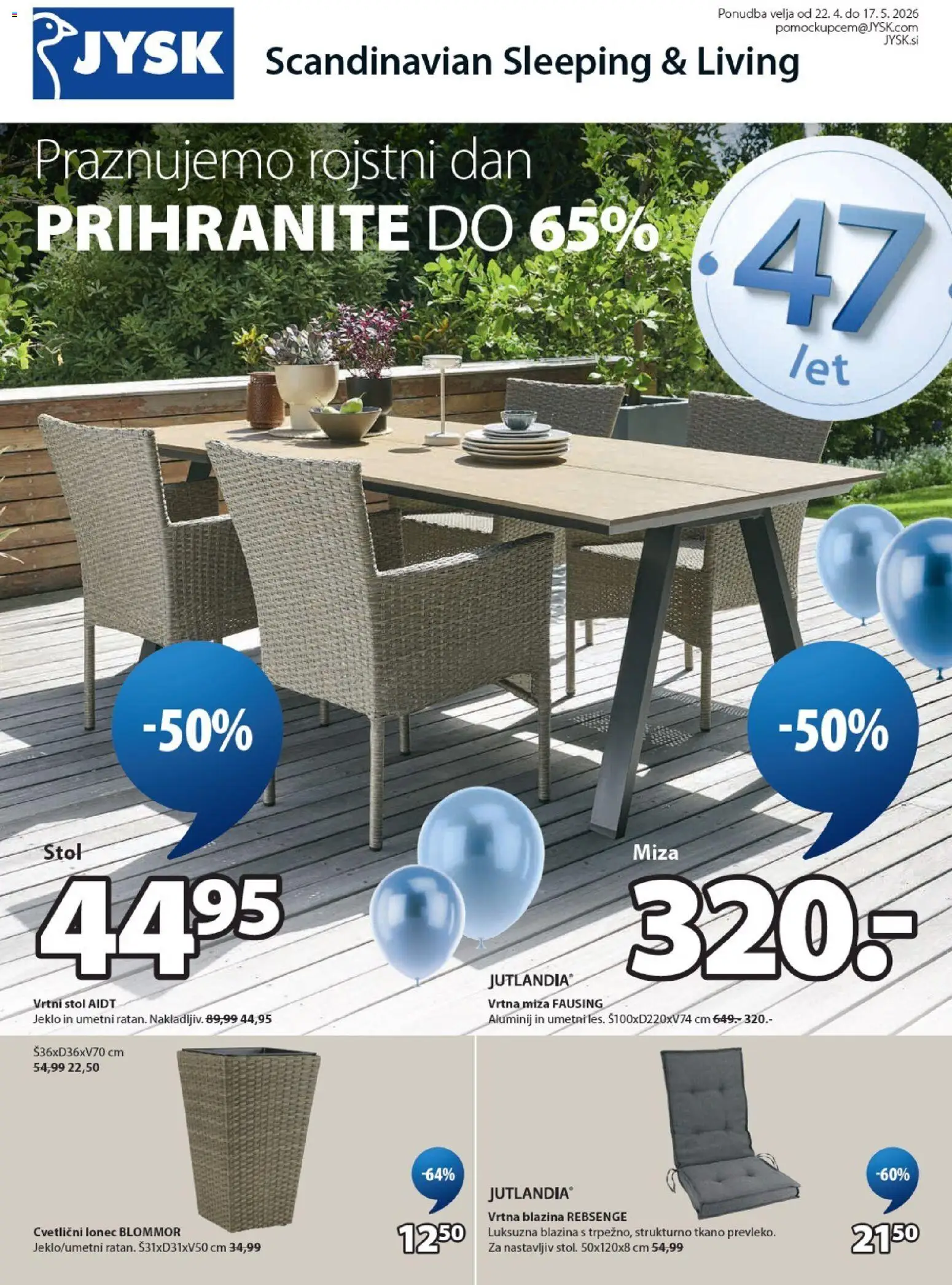 Novi JYSK katalog ponudbe – veljaven od 22.04.2026 | Stran: 1 | Izdelki: Vrtna blazina, Blazina, Miza, Stol