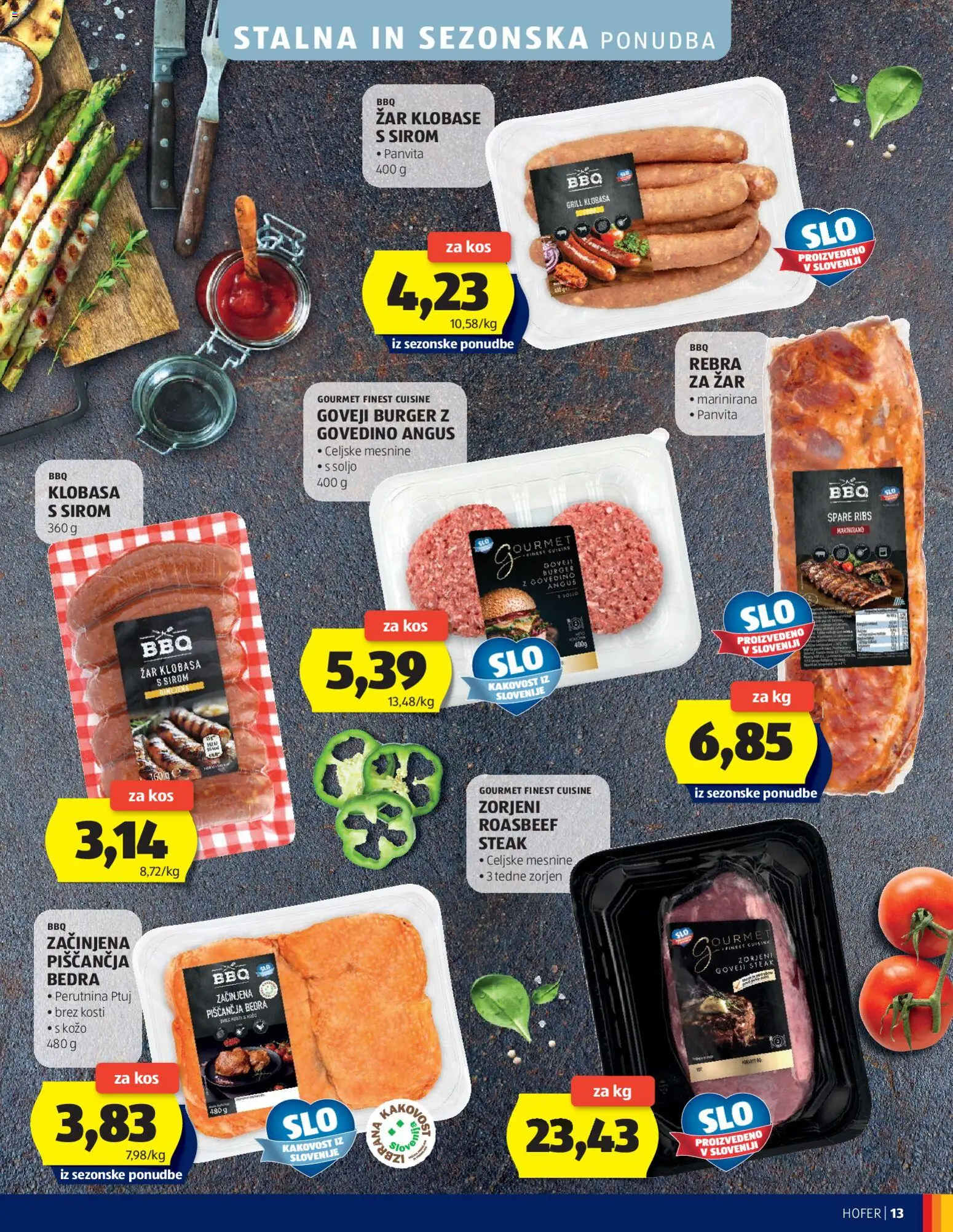 Novi Hofer katalog ponudbe – veljaven od 29.07.2026 | Stran: 13 | Izdelki: Zar, Piščančja bedra, Kos, Grill