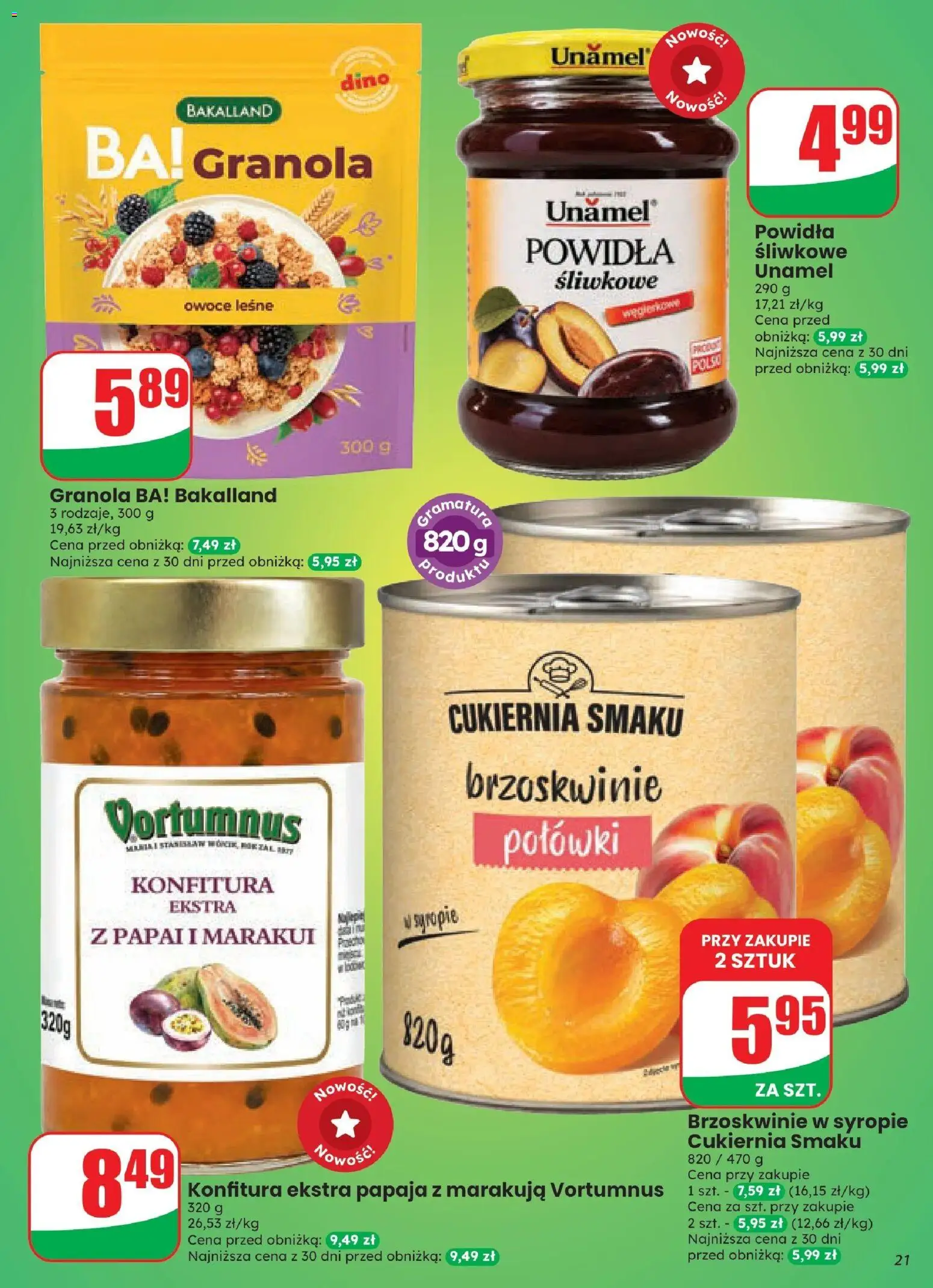 Dino gazetka od 21.10.2026 | Strona: 21 | Produkty: Powidła śliwkowe, Brzoskwinie w syropie, Owoce leśne, Powidła