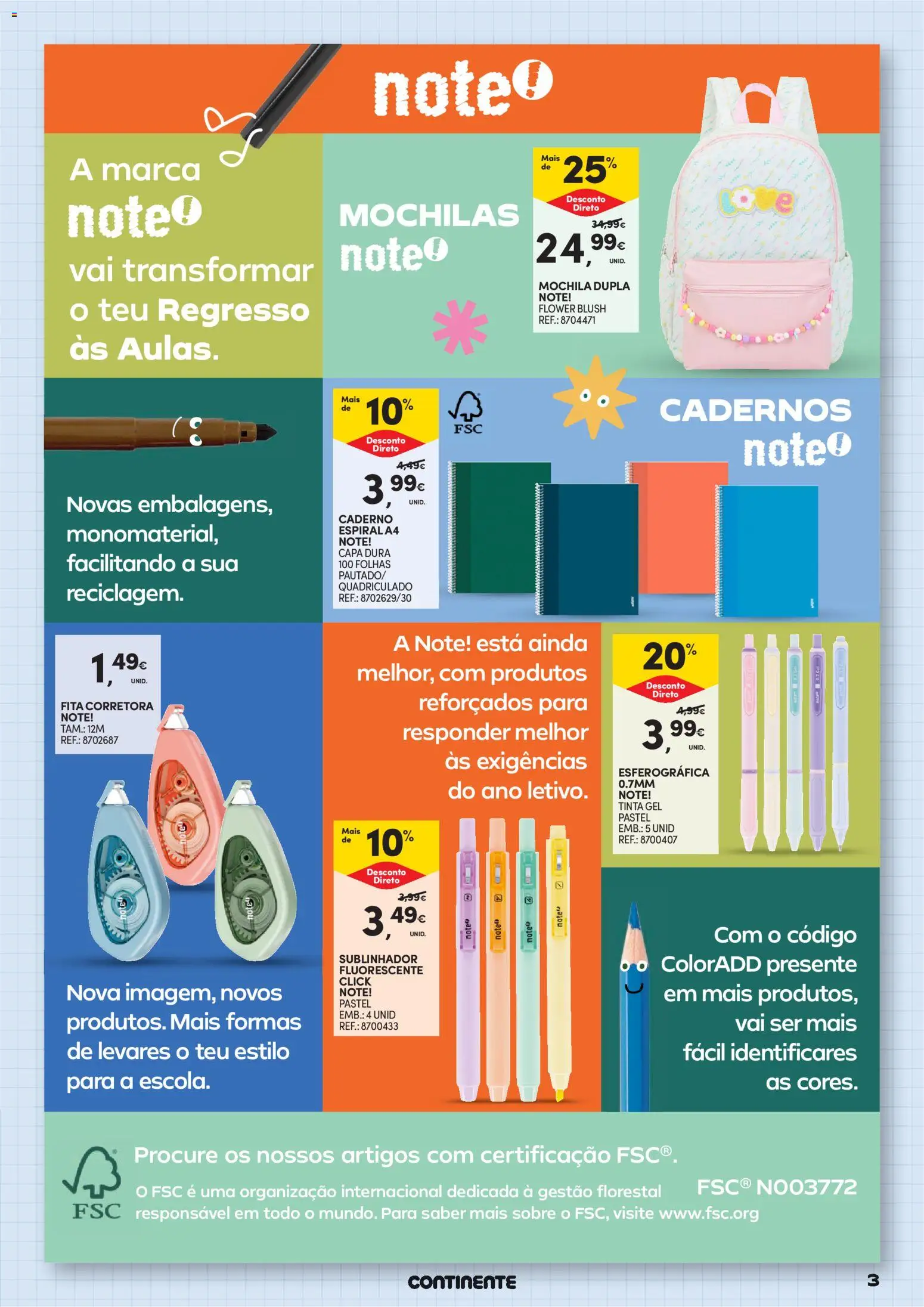 Continente Regresso às Aulas Na escola de toda a gente │ válido de 11/08/2026 | Página: 3 | Produtos: Mochila, Caderno, Mochilas, Cadernos