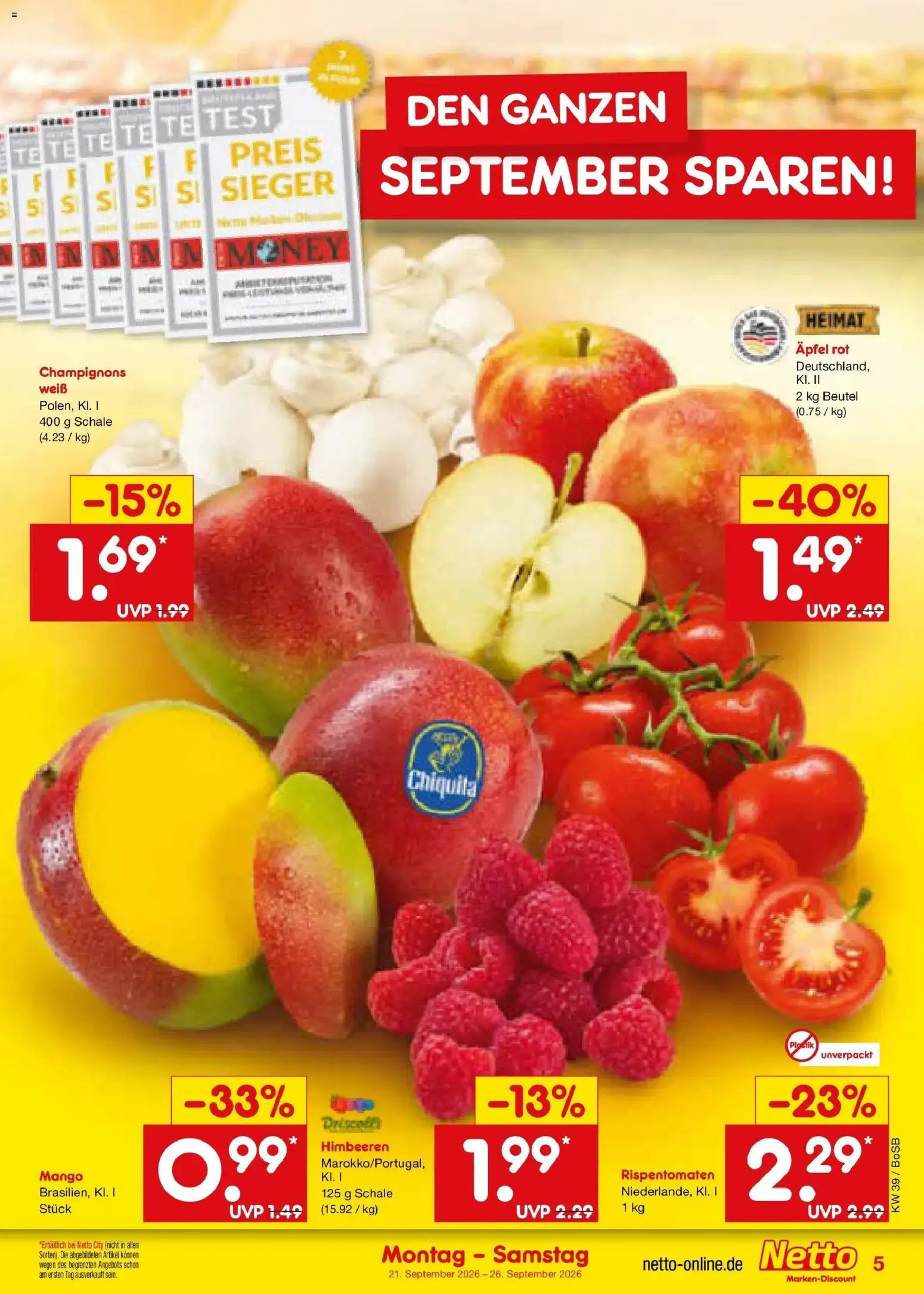 Netto Marken-Discount Prospekt Bochum – gültig ab 21.09.2026 | Seite: 5 | Produkte: Himbeeren, Äpfel, Champignons, Mango