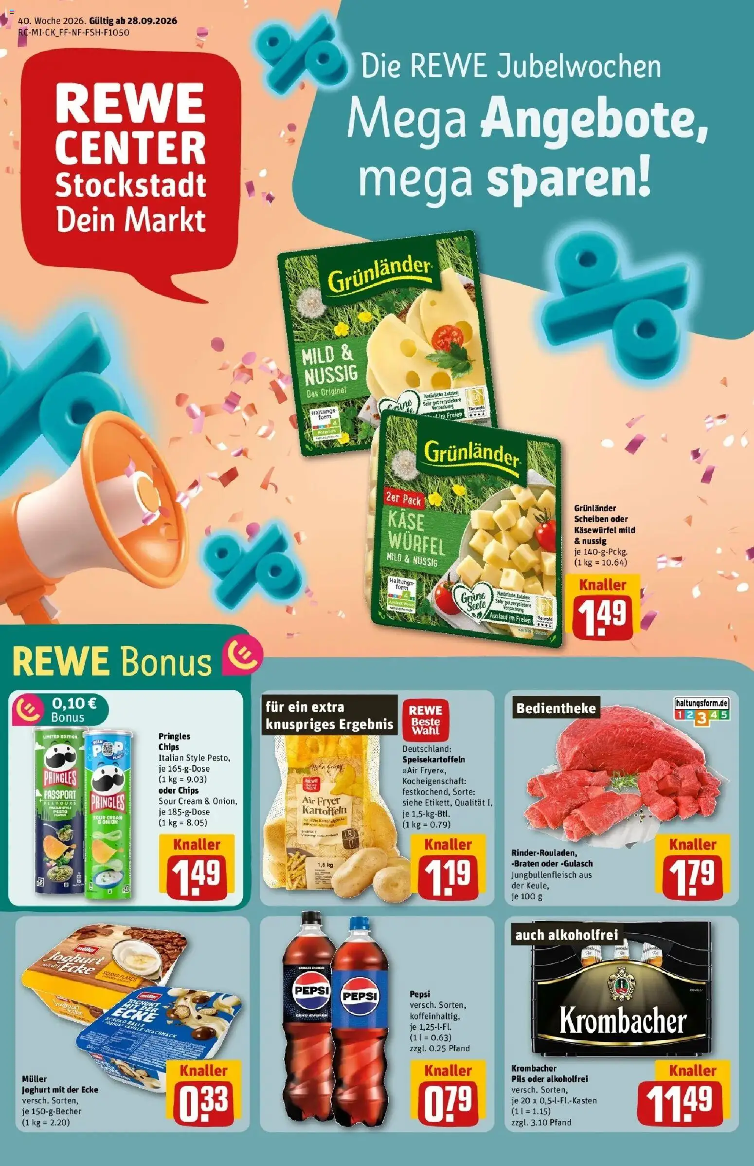 REWE Prospekt ab 28.09.2026 zum Blättern » Angebote | Seite: 1 | Produkte: Vanille, Grunlander, Pepsi, Pringles