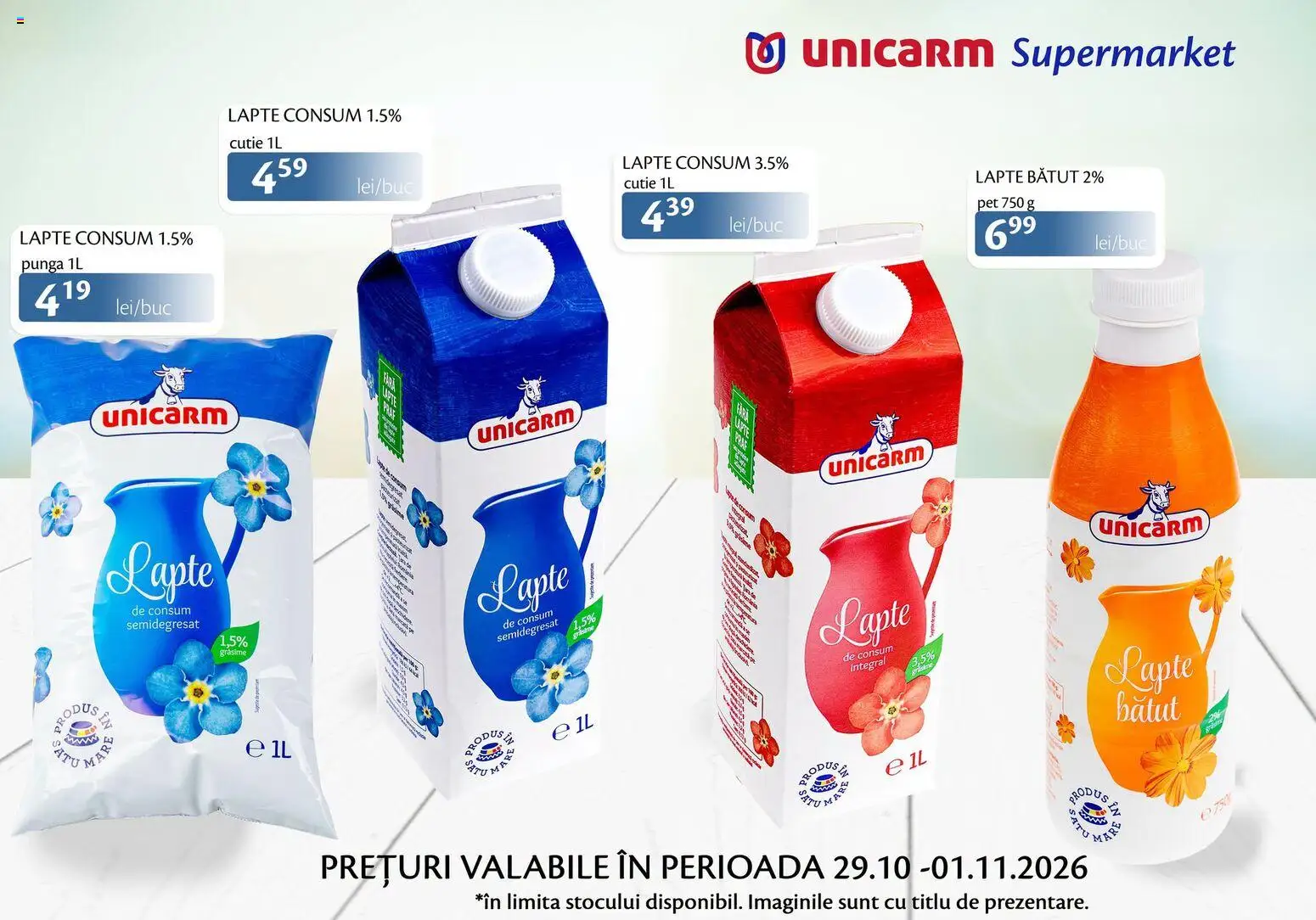 Noul catalog Unicarm – valabil de la 29.10.2026 | Pagină: 1 | Produse: Pungă, Cutie, Lapte